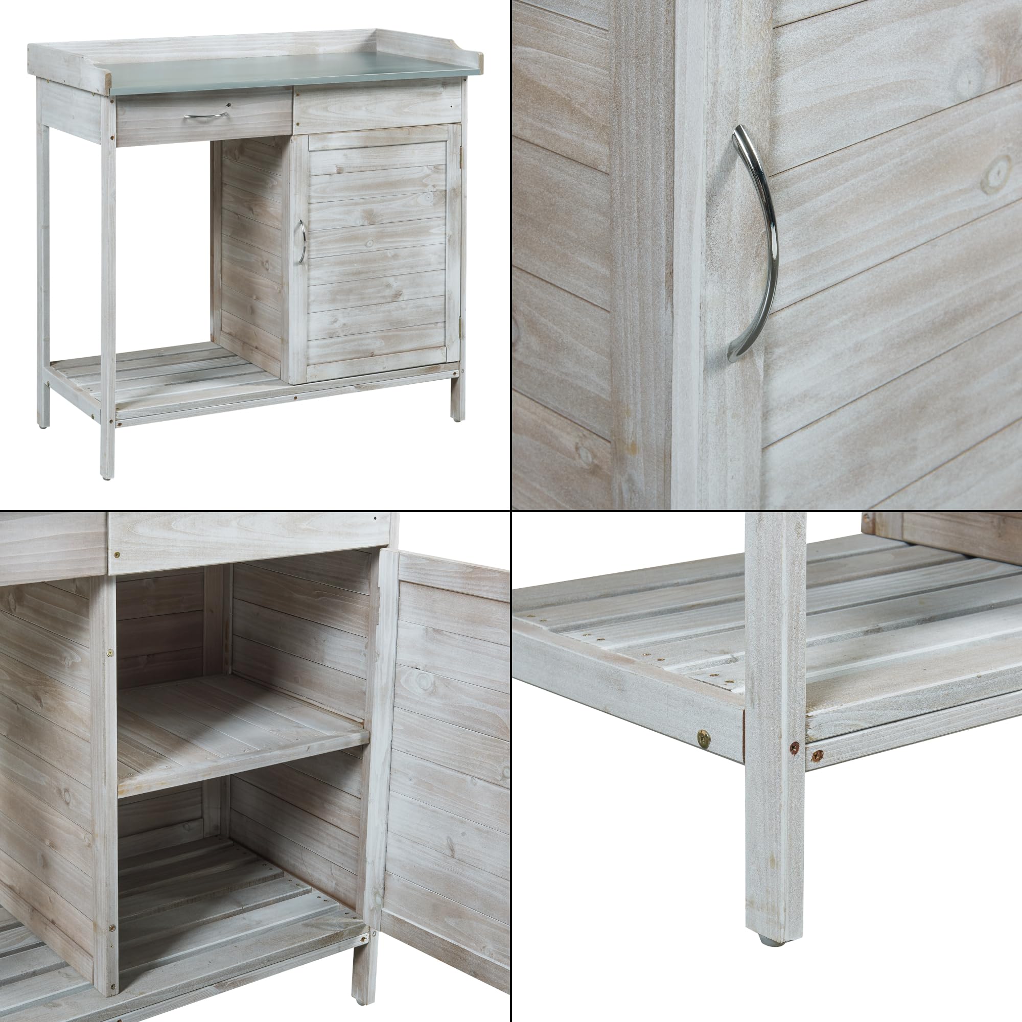 casa.pro Mesa de Jardinería Aliano con 2 Compartimentos Cerrados 1 Cajón Extraíble Mesa Auxiliar Jardín para Plantación Mesa de Cultivo Madera de Abeto Acero 98x48x94 cm - Gris