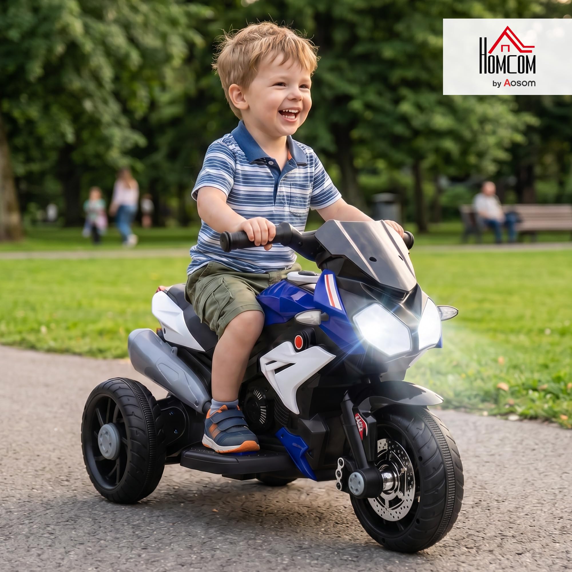 HOMCOM Elektryczny motocykl dziecięcy z muzyką 3-5 lat 3 km/h nieb+biał | Reflektor, elektryczny motocykl, motocykl dla dzieci, maks. 25 kg