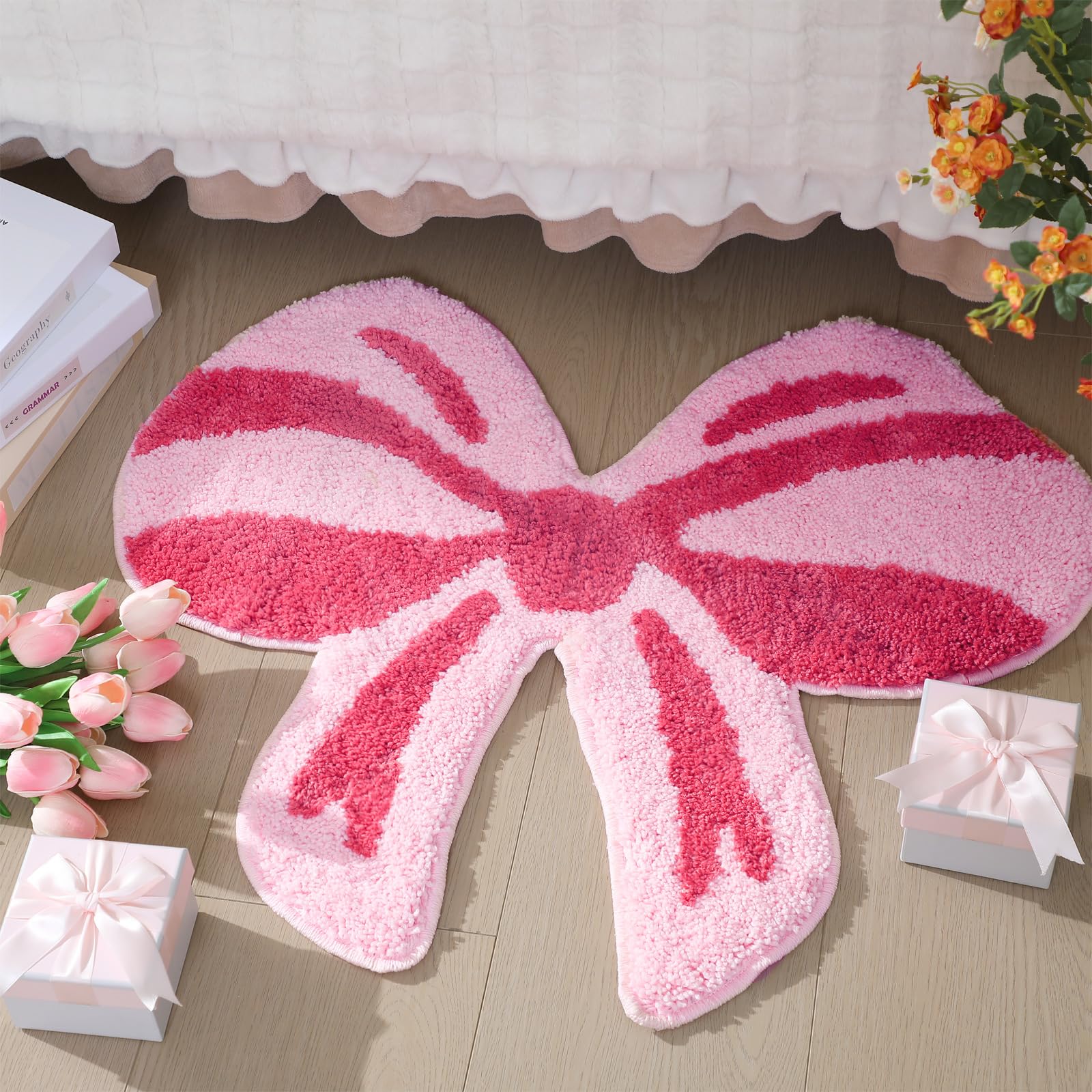 Tinideya Pink Bow Bathroom Mat, 28 x 24 Inch Non Slip Bath Rugs Coquette Bow Bathmat Pink Bowknot Bathroom Rugs Bowknot Shaped Rug Door Welcome Mat