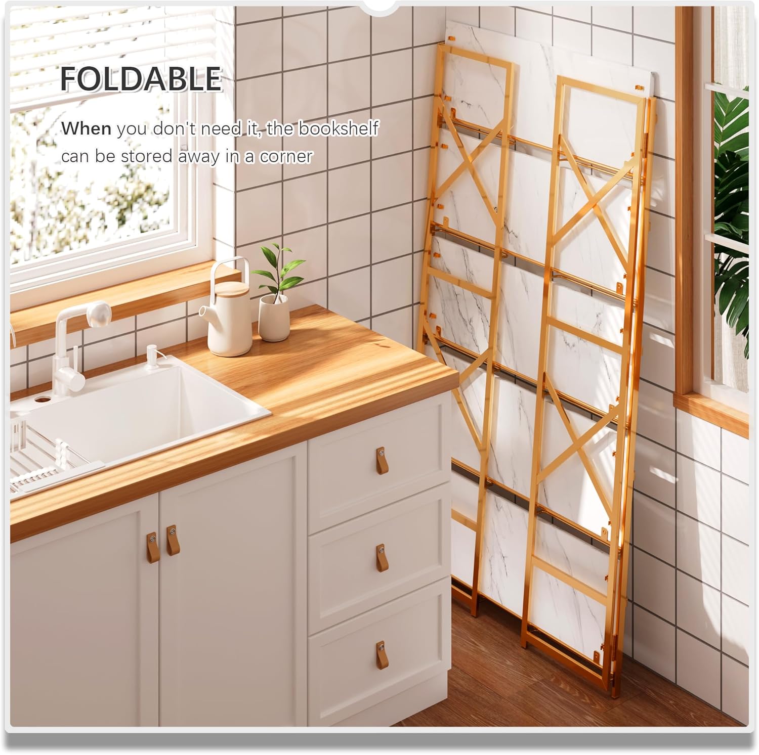 4NM Extra Wide 5 Tiers No Assembly Book Shelves, 51.2" H Folding Bookshelf Bookcase Open Industrial Foldable Shelves for Bedroom, Living Room, Home Office - White Gold - Image 4