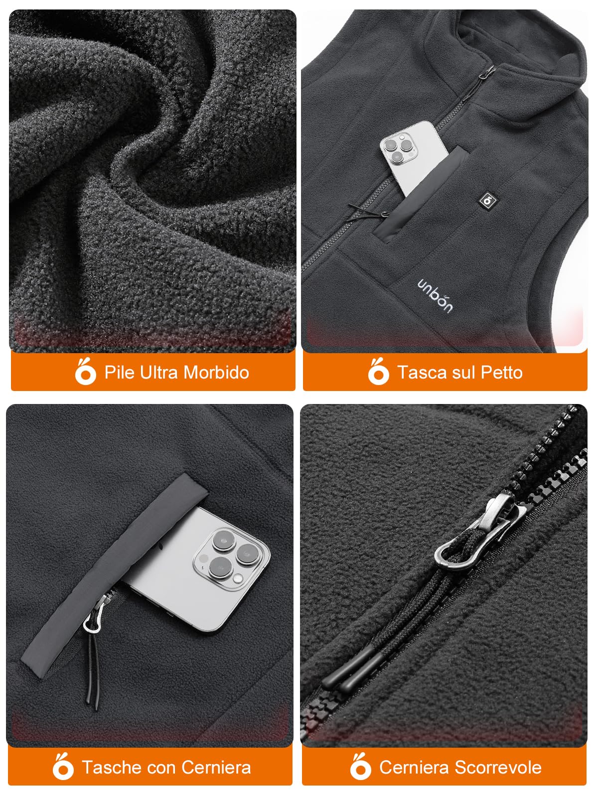 UNBON Gilet Riscaldato Uomo con Batteria USB 10000mAh, Giubbotto Riscaldato Uomo con 3 Temperatura 6 Zone di Calore, Gilet Riscaldante Pile Elettrico, Giacca Riscaldata per Moto Caccia