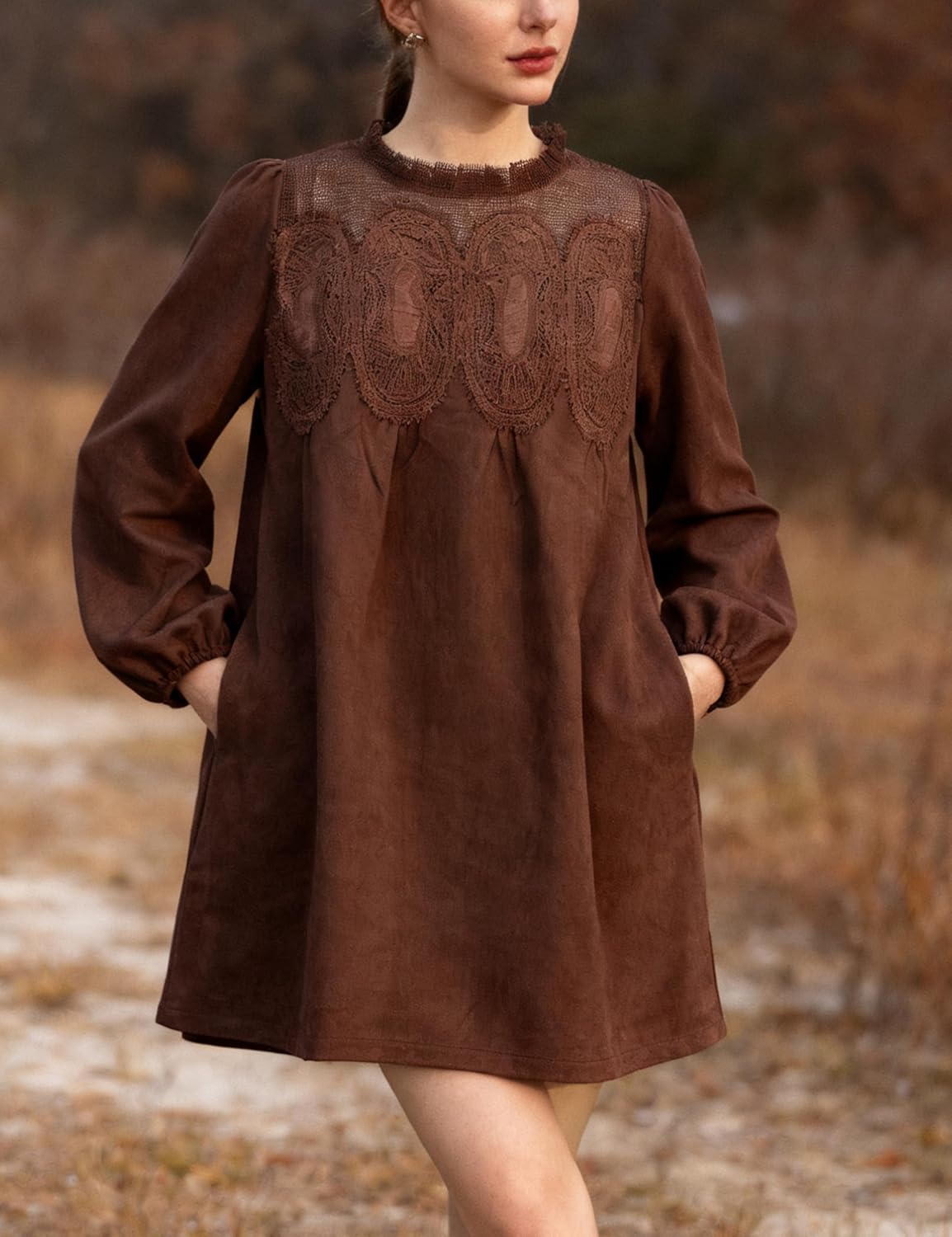 Athlisan Women's 2025 Fall Mini Dress Long Sleeve Faux Suede Lace Patchwork Babydoll A-Line Swing Dress with Pockets - Image 2