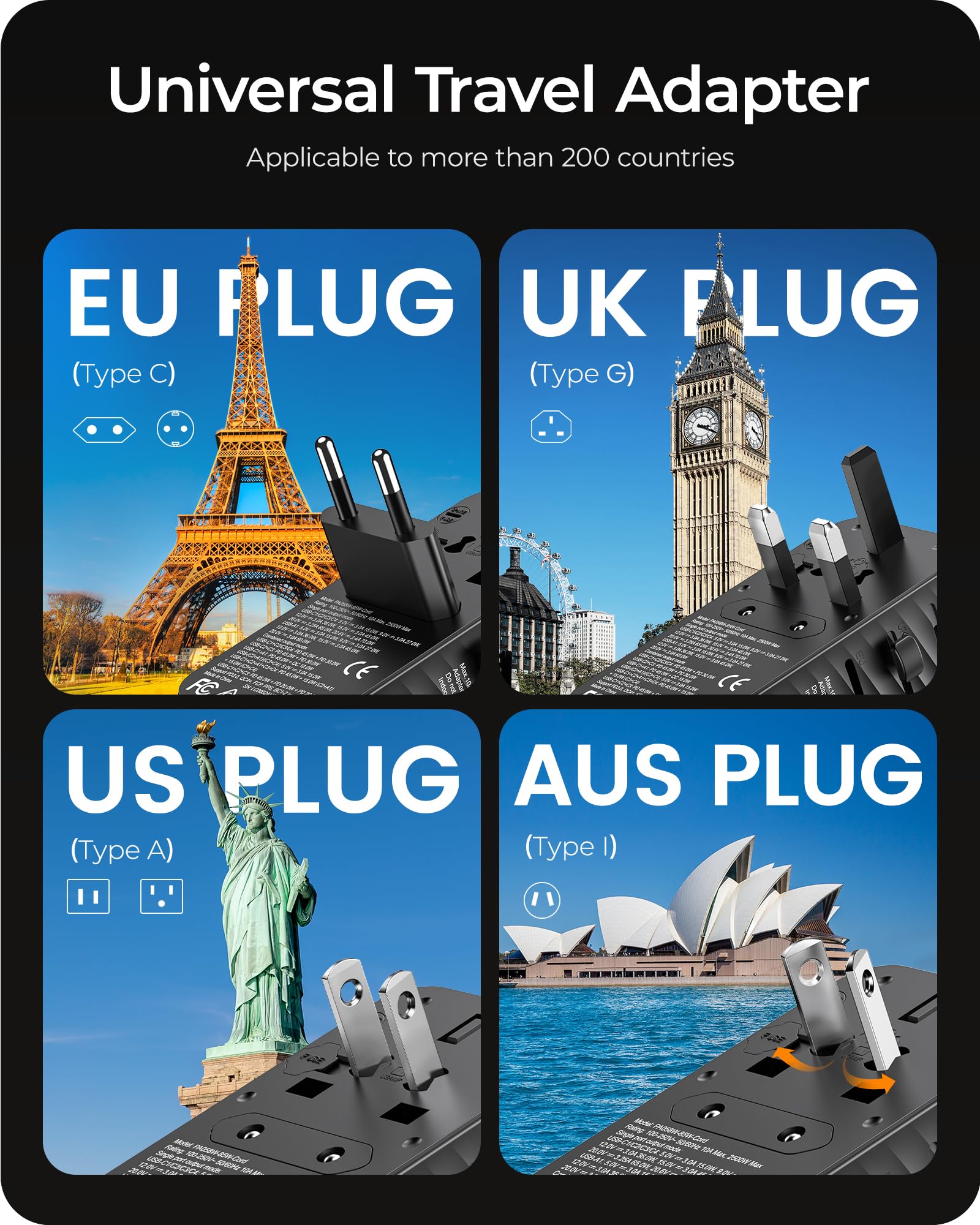 LENCENT GaN 85W Adattatore Universale da Viaggio con Cavo USB C Retrattile | Adattatore Spina Internazionale con 3 USB-C e 1 USB-A Ricarica Rapida, Spina Presa Mondiale per EU a Stati Uniti, UK, AUS