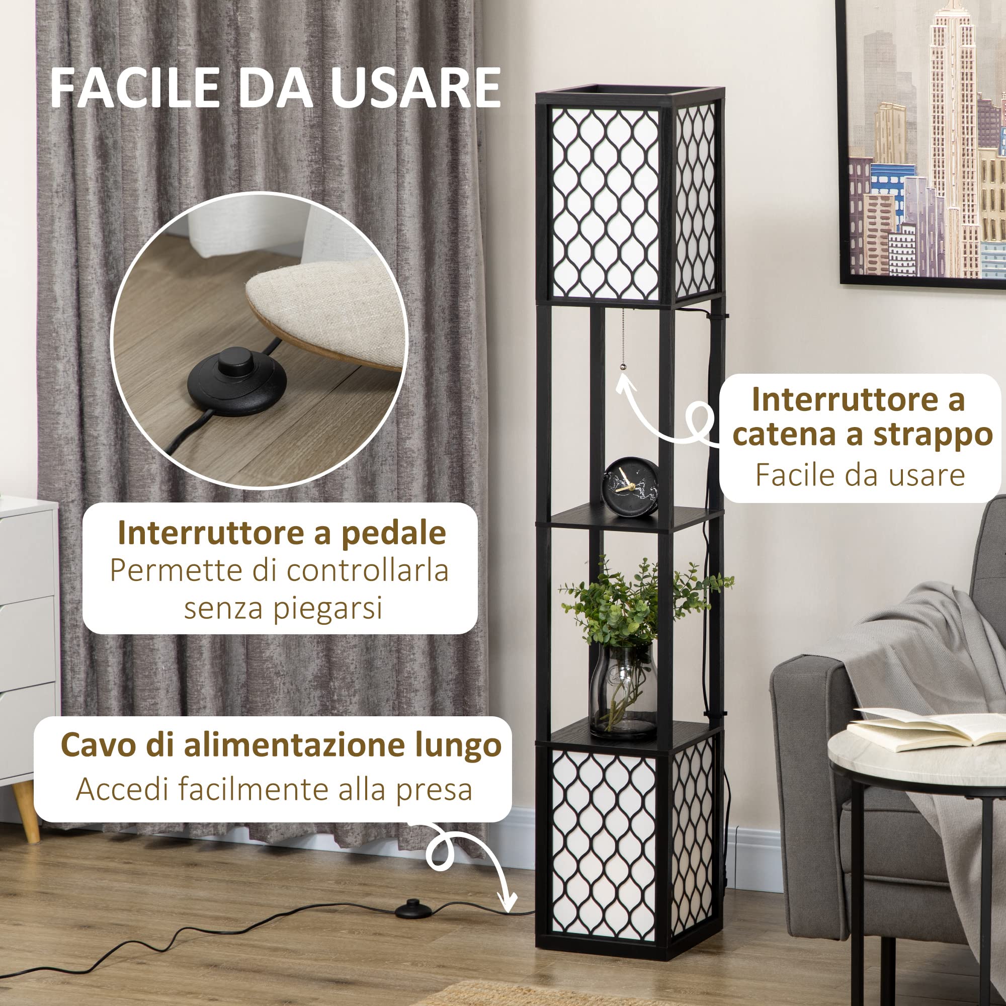 HOMCOM Lampada da Terra a Colonna in MDF e Plastica PP con 2 Ripiani, per Soggiorno, Studio e Camera da Letto, 26x26x156 cm, Bianca e Nera
