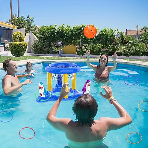 Miniatura 7 de Juego de juguetes de flotadores de piscina, juego de lanzamiento de anillos 2 en 1 y aros de baloncesto para niños, adolescentes y adultos, piscina,