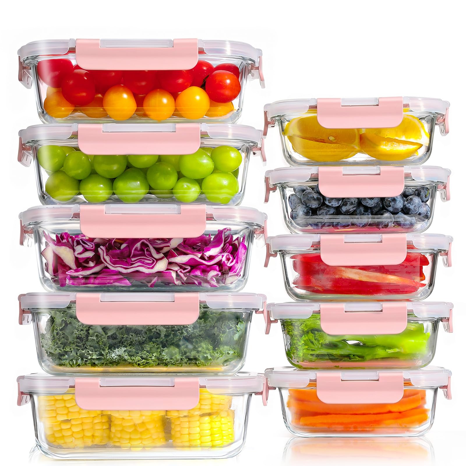 Yashe Transparent Glass Containers With Lids, 10 Pack Thick & Durable Food Containers - Stackable Airtight Glass Meal Prep Containers, Bpa-Free Food Storage For Microwave, Oven, Freezer And Dishwasher, Pink