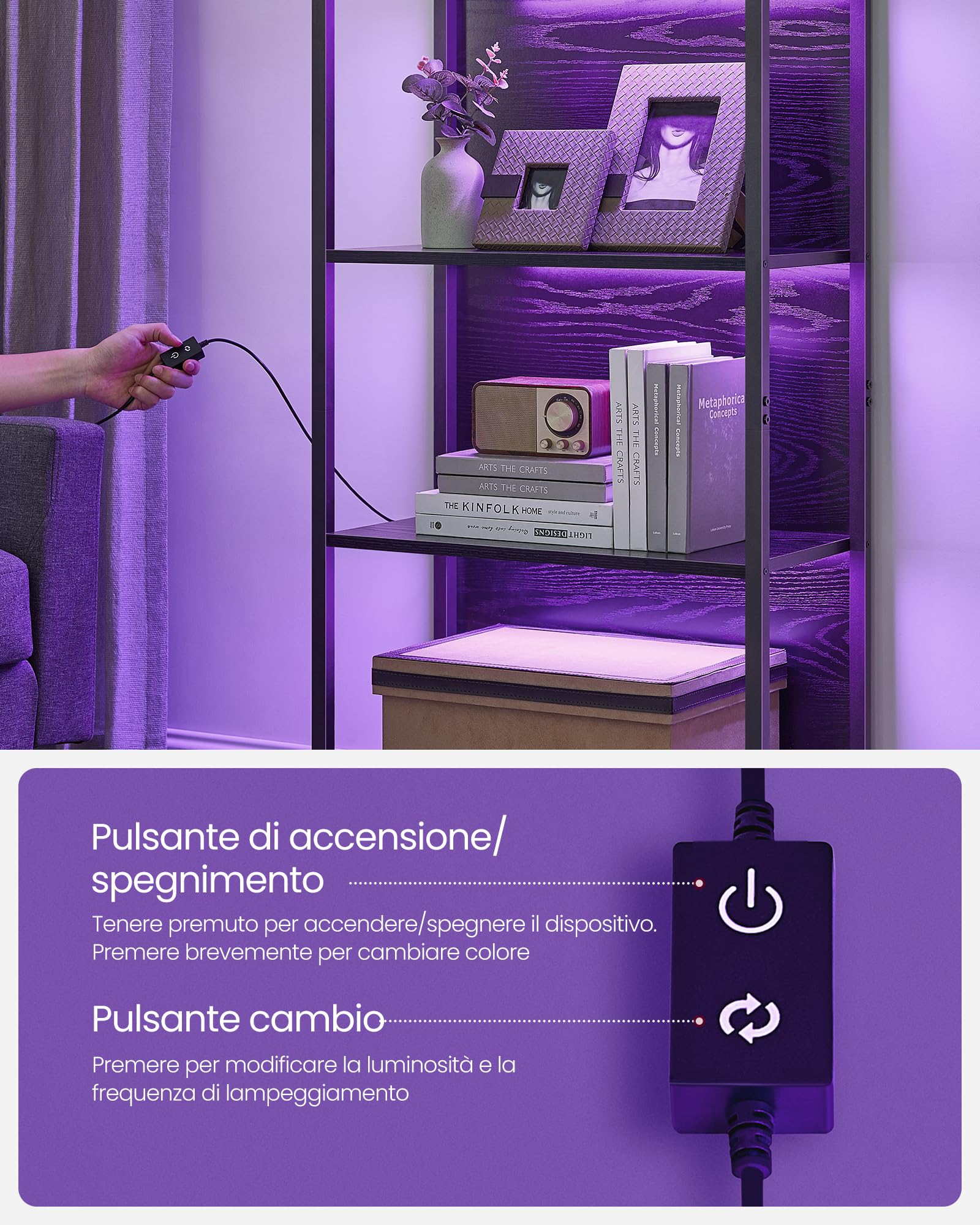 VASAGLE Scaffale a 6 Ripiani con Luce LED Dimmerabile, Libreria con Struttura in Acciaio, 30,3 x 60 x 178,6 cm, per Soggiorno, Camera da Letto, Ufficio, Nero Ebano LLS120B57
