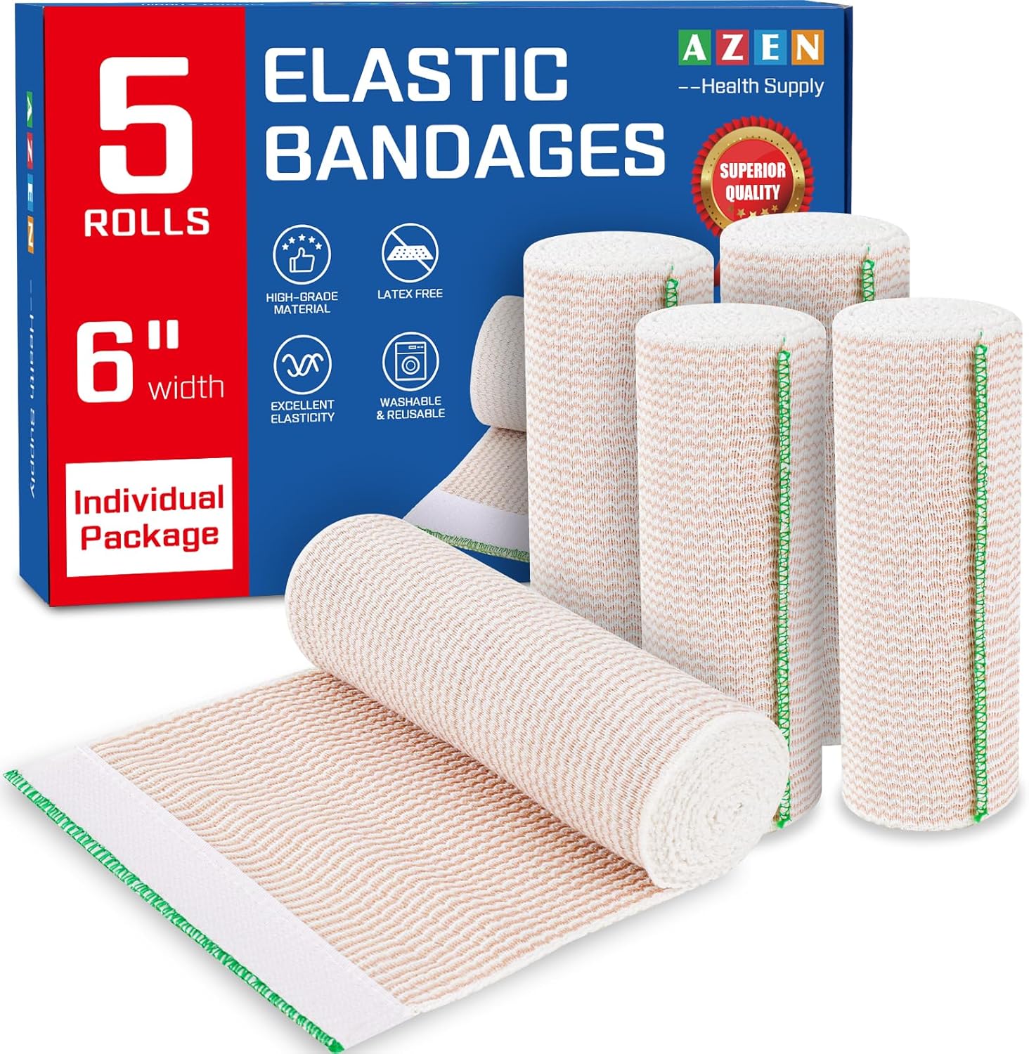 AZEN 5 Pack Elastic Bandage Wrap, 6 Inch Compression