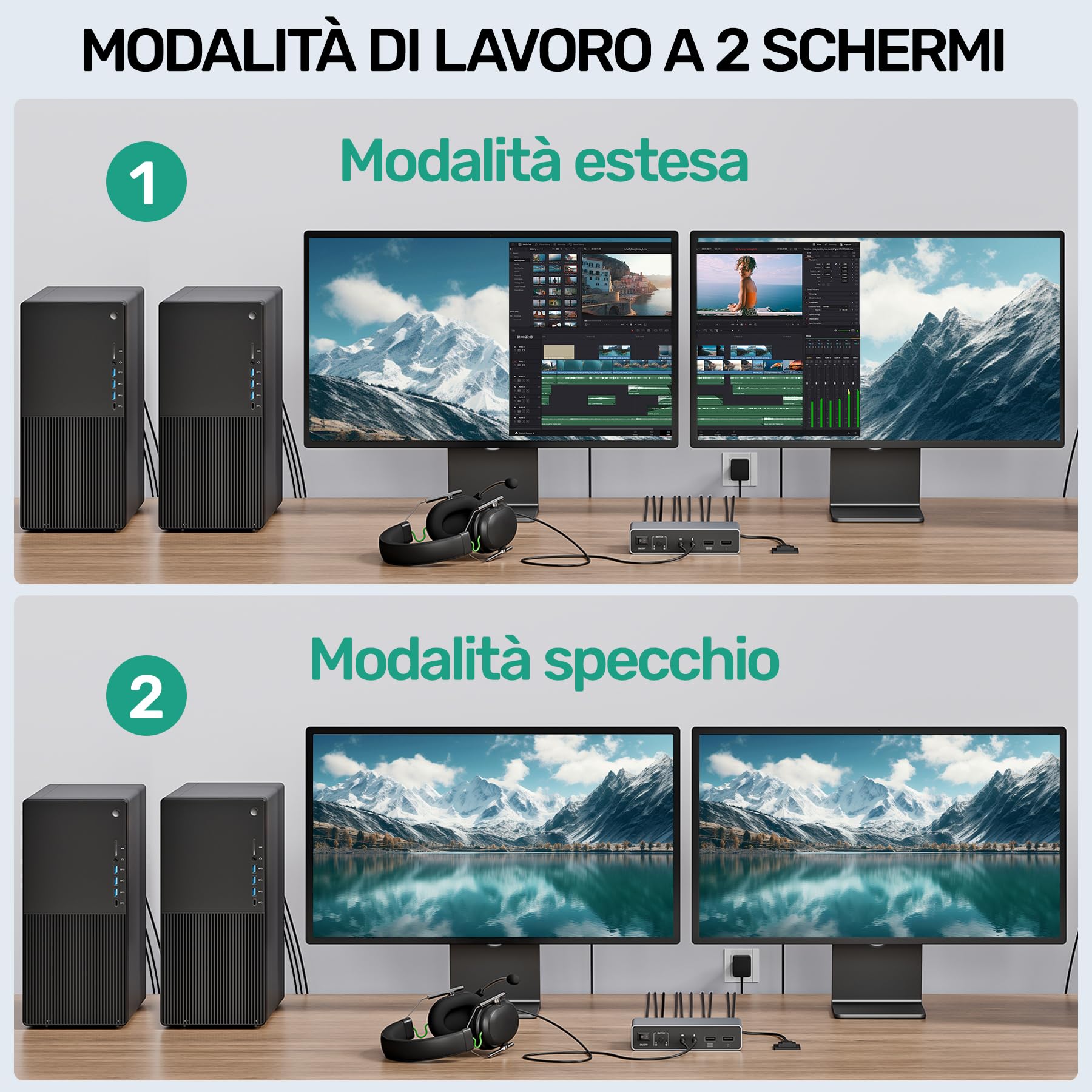 SUIDEK Switch KVM HDMI 2 Monitor 2 Computer, Dual Monitor USB KVM Switches 4K@60Hz, HDMI Extended/Mirror Display per 2 PC Share 2 Monitor, con 3 porte USB 3.0, controller desktop e 2 cavi USB
