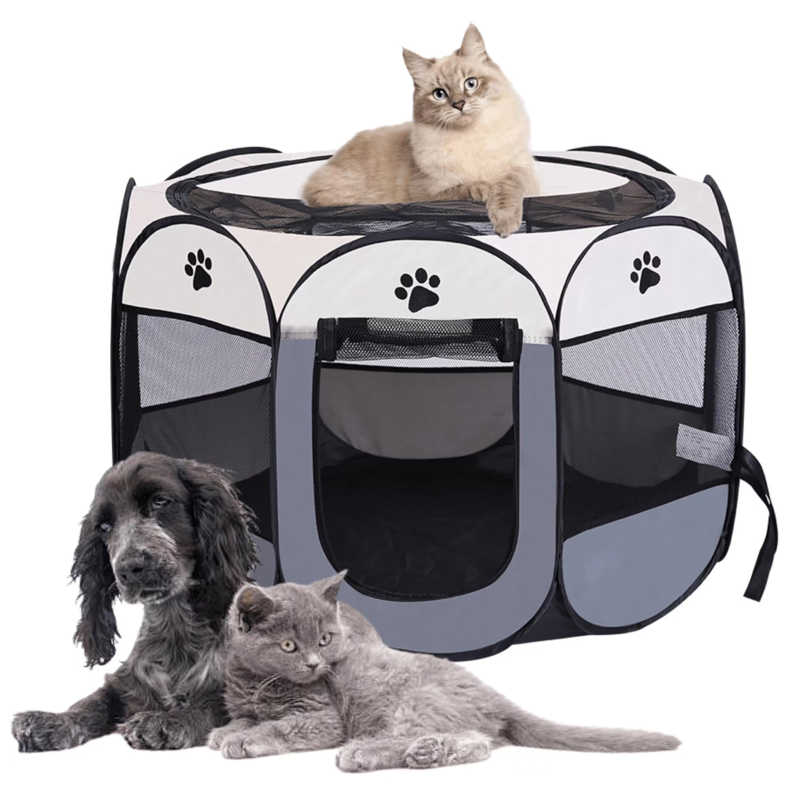 Octagon - Parque plegable para mascotas para perros y gatos, recinto con suelo y techo de malla, 8 paneles, 7 colores, 3 tamaños S/M/L (gris, L, 8 paneles)