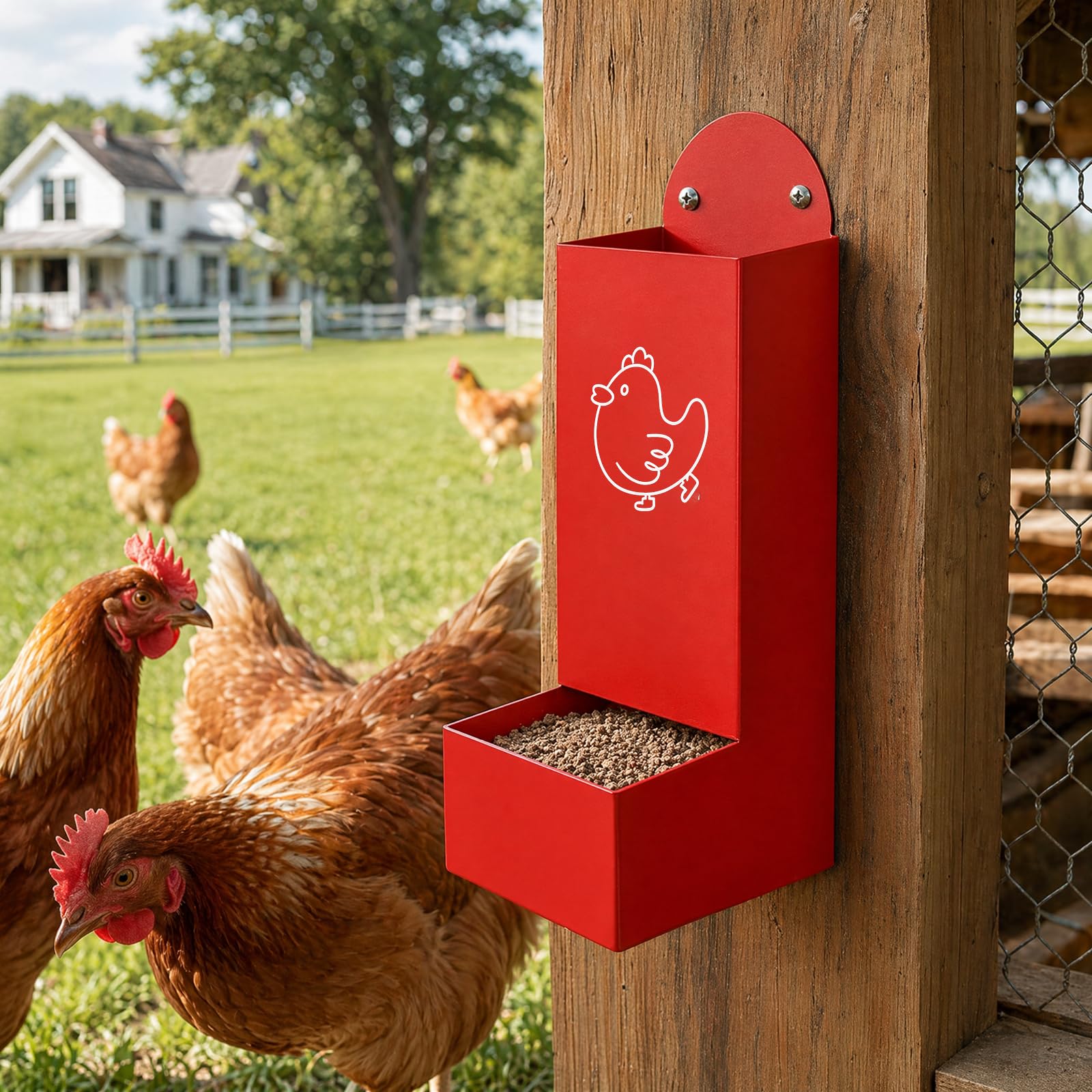 Lote de 2 comederos automáticos para gallinas, 1,3 l/pieza, alimentador automático de gallina, comedero de gallina de metal para accesorios de gallinero y cría de aves de corral, 25 cm (rojo,negro)