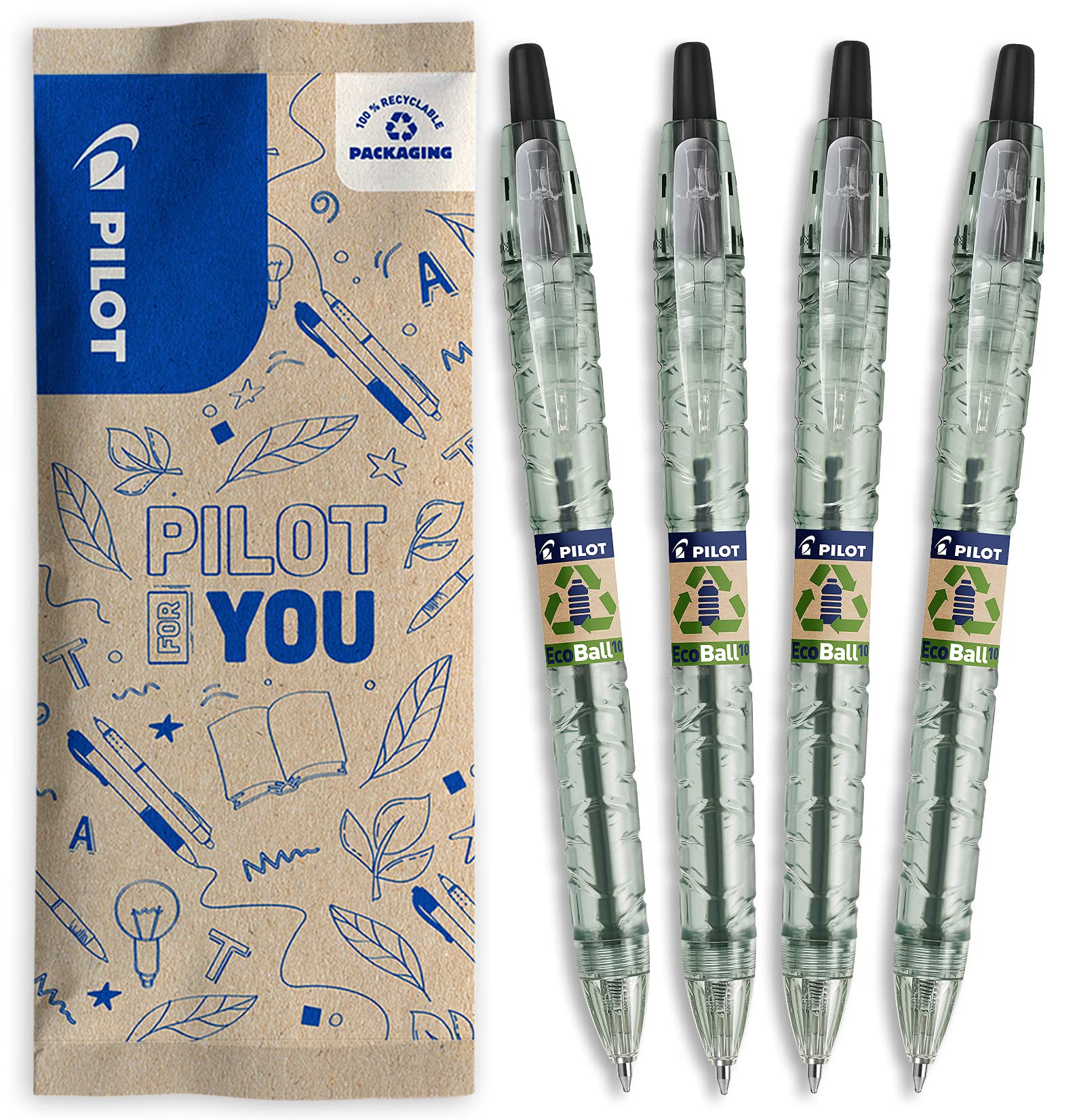 Pilot B2P Ecoball Penna a Scatto Ecologica 86% Plastica Riciclata Confezione da 4 Punta Media Nero Blu Rosso Verde