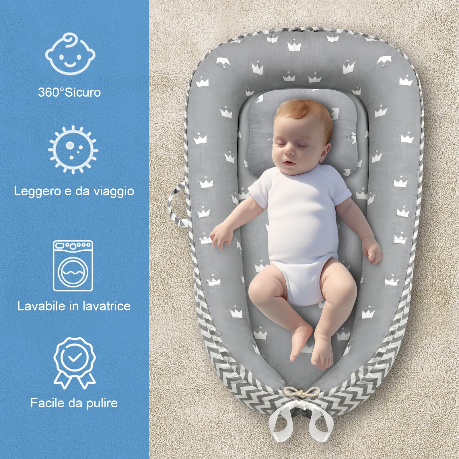 ROMAGIO Baby Lounger morbido e traspirante, nido portatile per neonati con copertura per bambini 0-24 mesi, per co-sleeping, idea regalo per bambini (bianco)