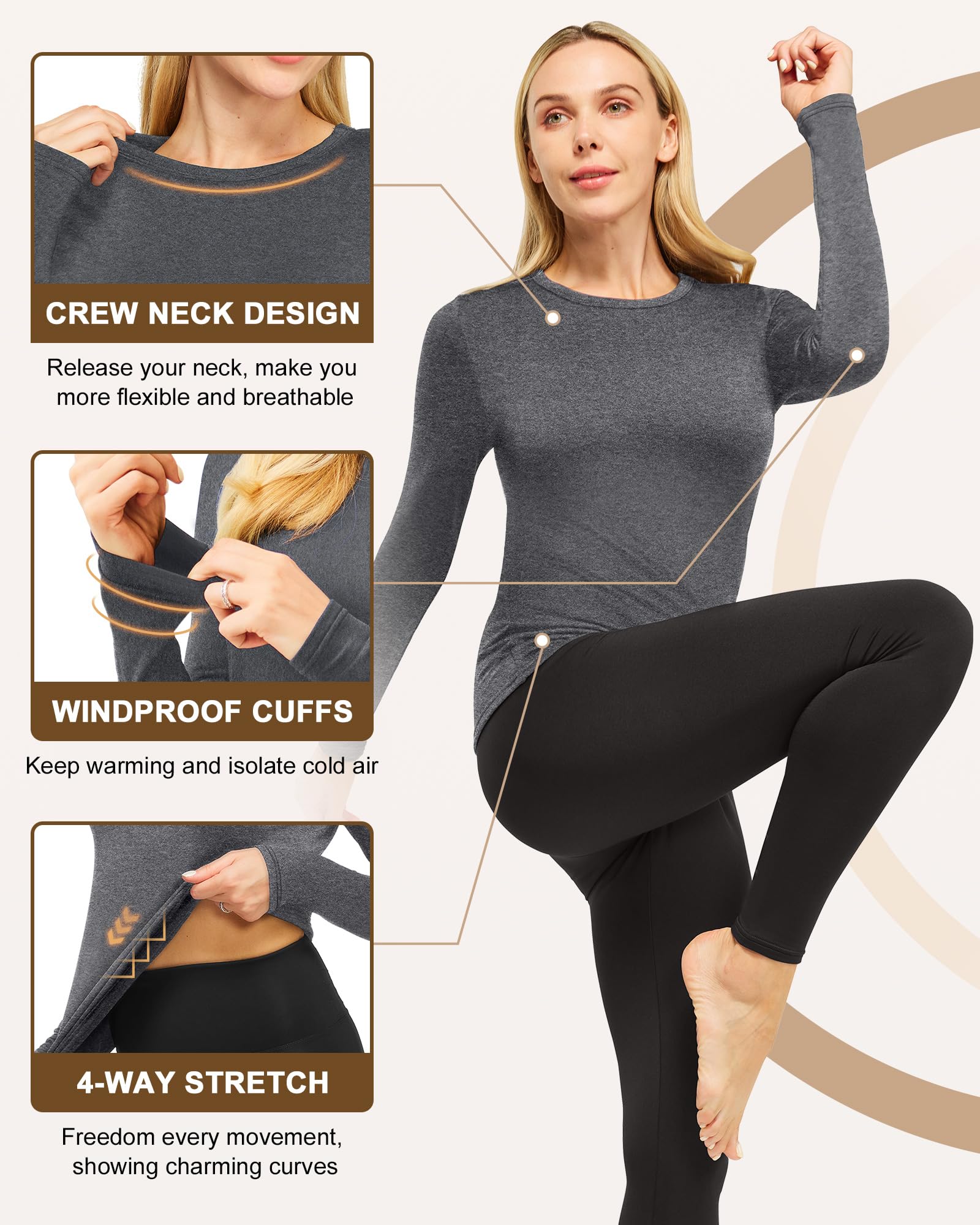 CL convallaria 1 2 4 Pcs Sous-vêtements thermiques doublés en polaire Hauts à manches longues Baselayer Shirt, Noir/blanc/bleu/gris clair chiné, Taille M