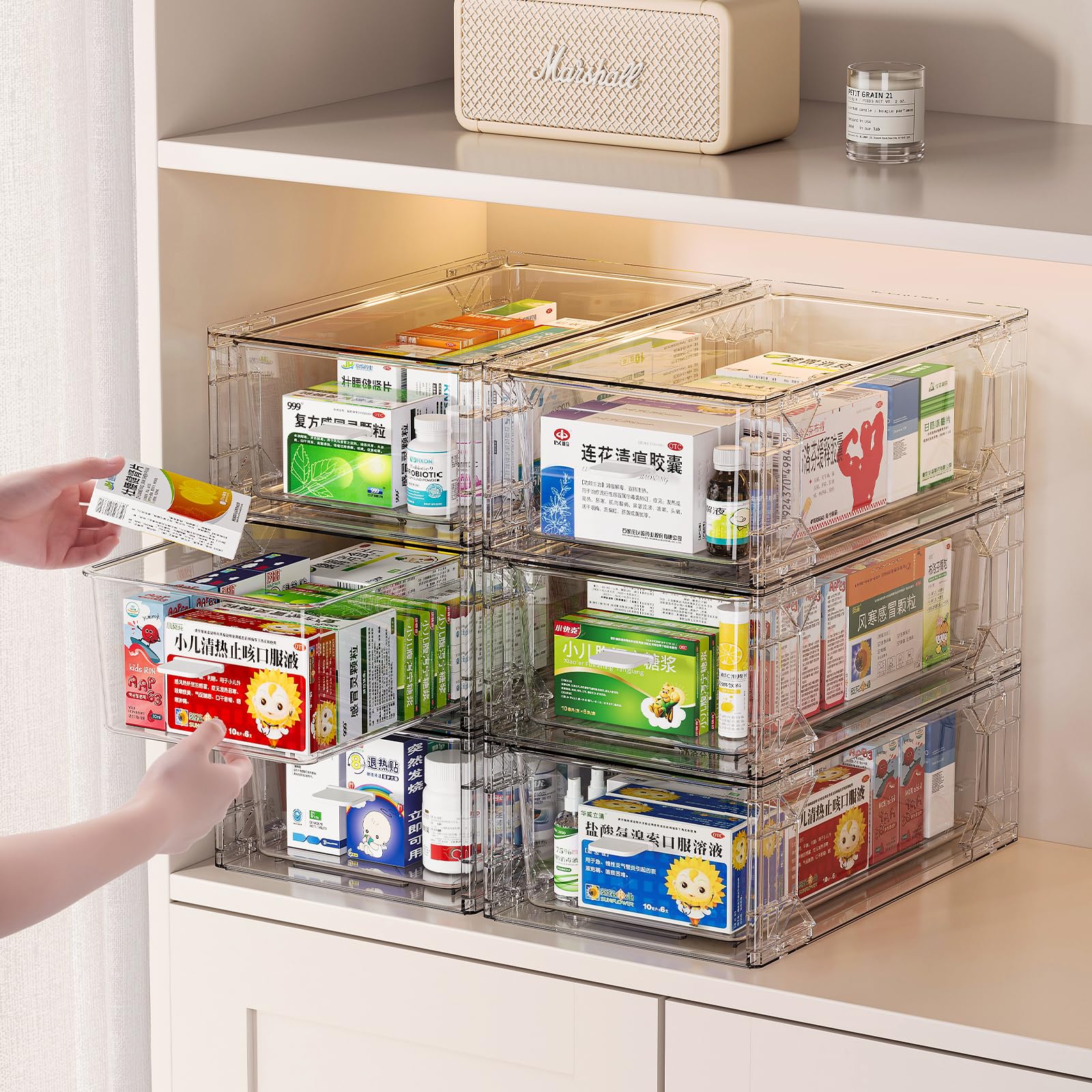 6er Set Transparente Aufbewahrungsboxen im Schubladenstil - Stapelbarer Medikamenten Organizer 31x18,5x11cm für Bad Küche Büro Kosmetika