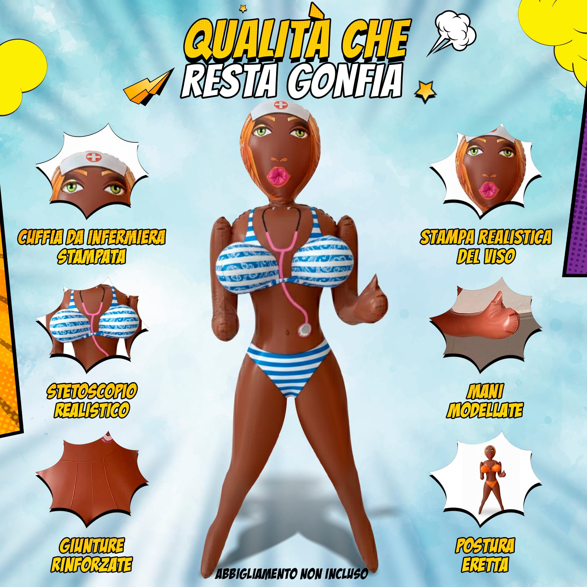 Bambola Gonfiabile Donna con Fascia per Addio al Celibato e Confezione Originale - Altezza 150 cm - Nurse Nikki