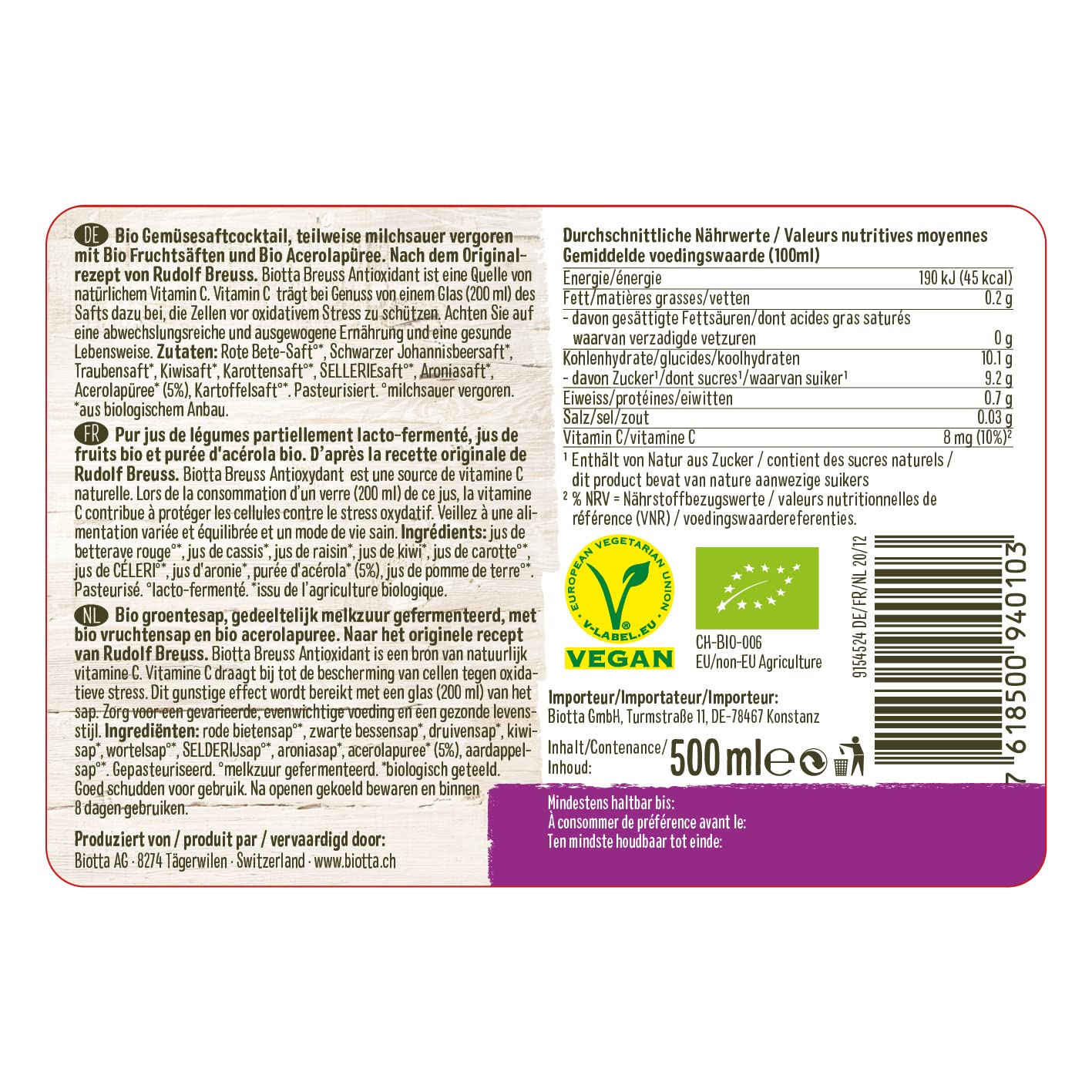 BIOTTA - Breuss - Soutient les défenses des cellules - Jus de fruits et légumes 100% Bio - Betterave lacto-fermenté, cassis, raisin - Haute teneur en vitamine C et antioxydants - 500ml - Lot de 3.