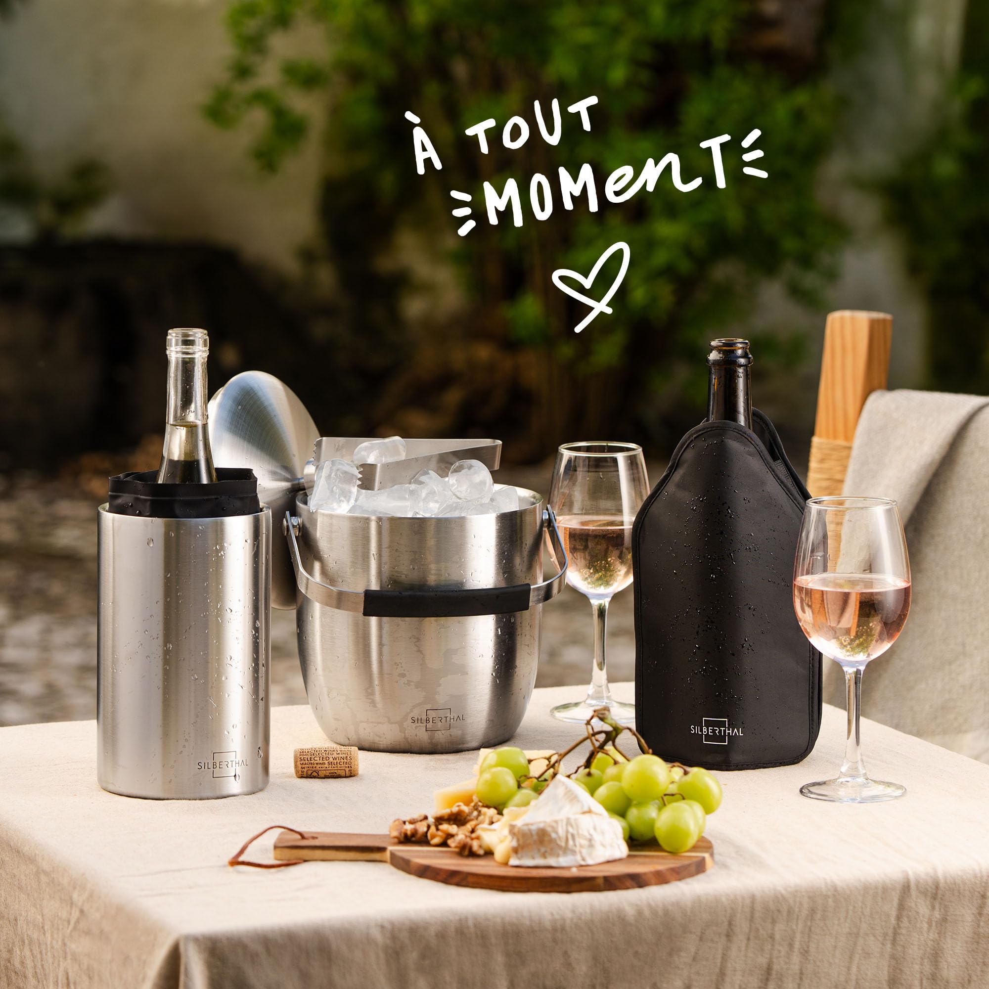 SILBERTHAL set refrigerazione vino in acciaio inox – glacette vino + secchiello ghiaccio 3L con pinza e coperchio – con 2 manicotti refrigeranti – accessori vino e bar