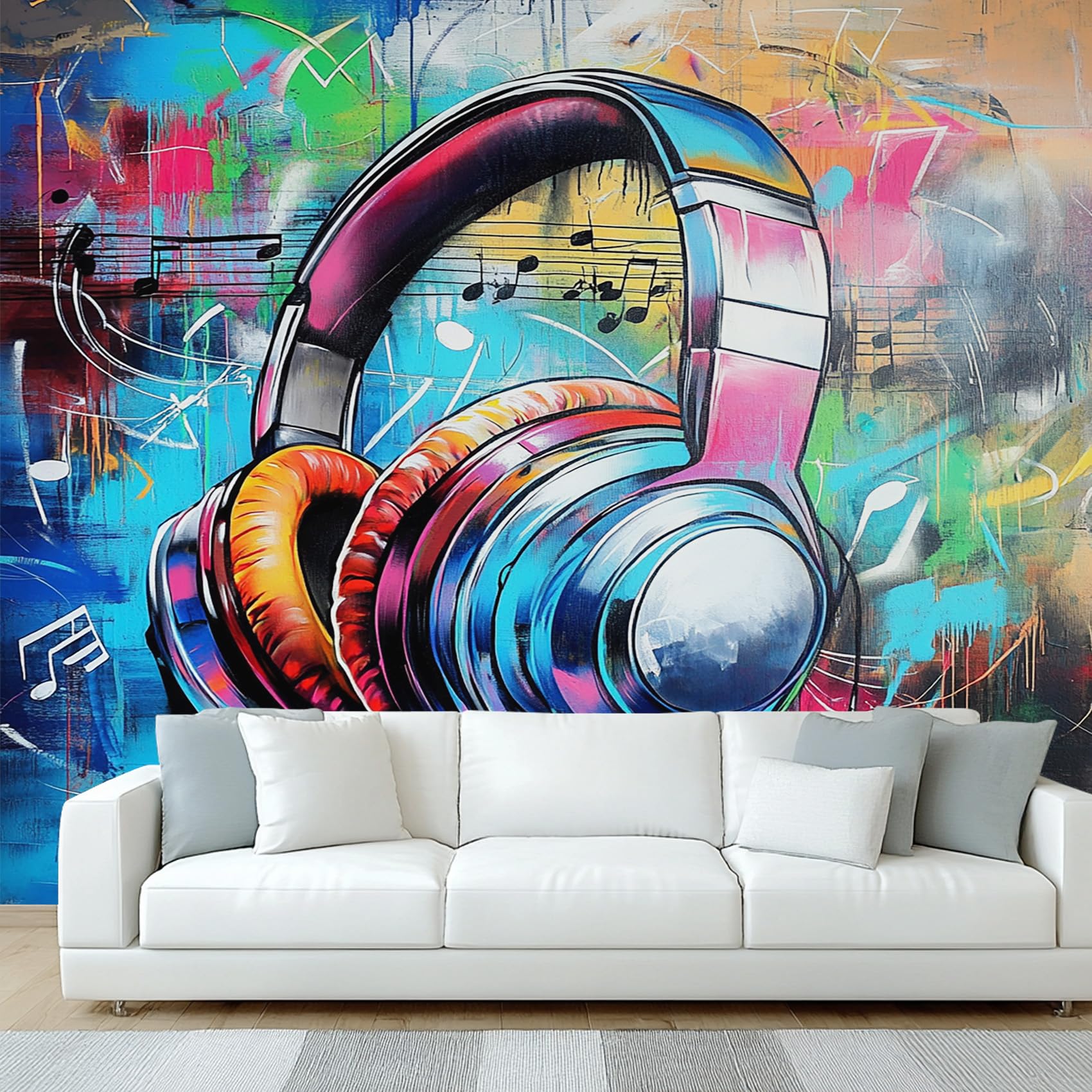 Colorful Graffiti Wallpaper, Music Note Earphone Wall Mural, Wallpaper for Bedroom Living Room, Home Decor, Photo Wall Paper, 300 x 210 cm
