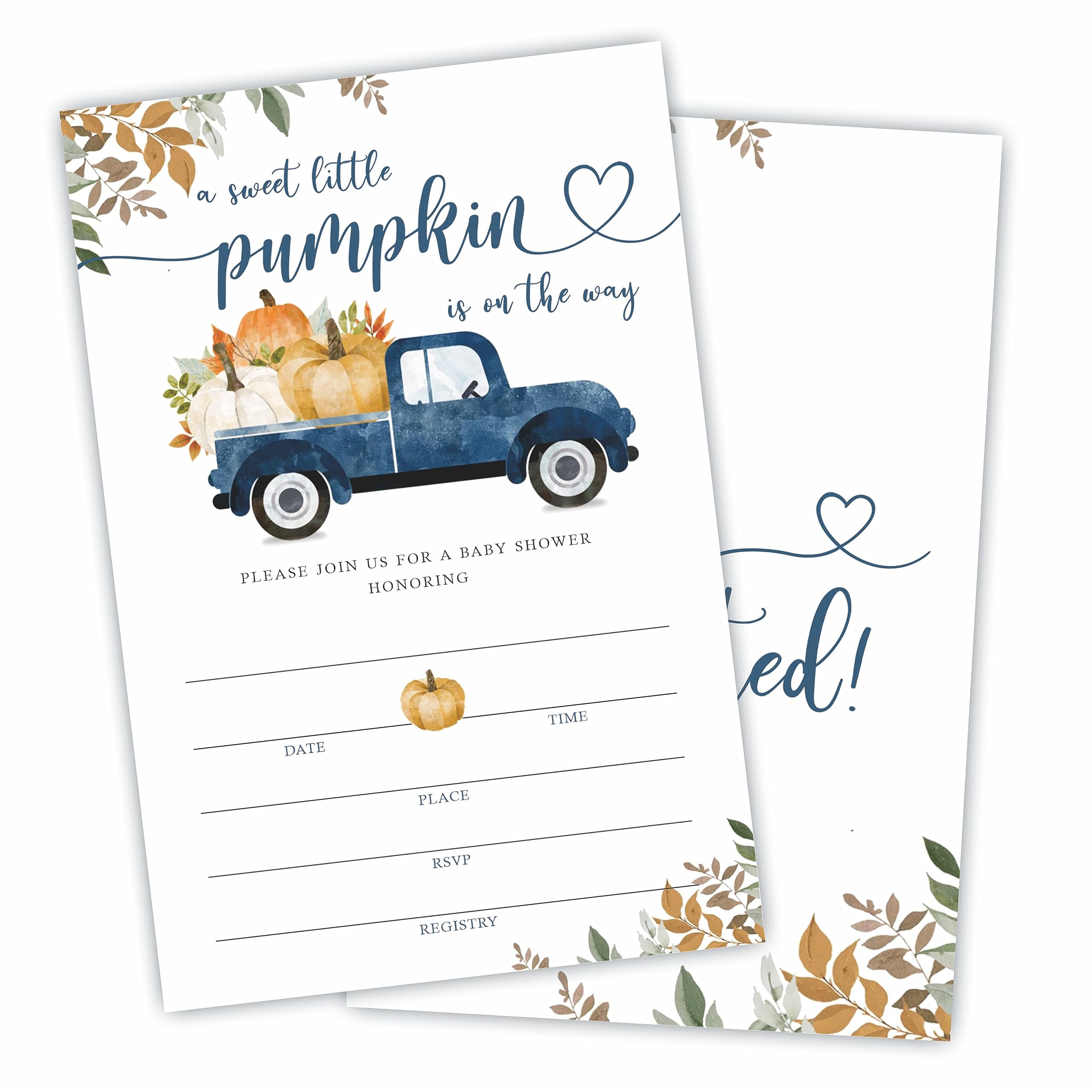 Baby Shower Invitation, A Little Pumpkin Is On The Way, 25 Invite Cards With Envelopes, Gender Reveal, Baby Announcement Party, Double-Sided Fill In Style Invites, Party Favor And Supplies - B18