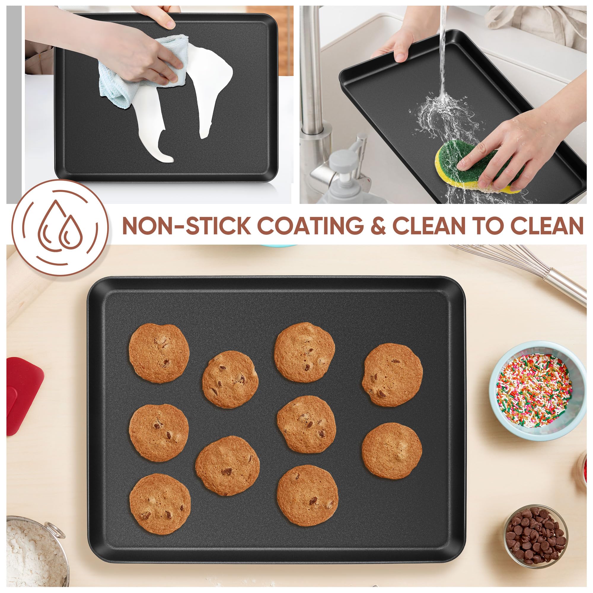 E-far Lot de 2 grandes plaques à biscuits antiadhésives en acier au carbone pour four, résistantes à la chaleur et faciles à nettoyer, 40,6 x 30,5 x 2,5 cm, noir