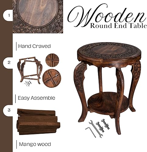 Miniatura 4 de The Wooden Town Mesa auxiliar redonda de estilo granja, mesitas de noche rústicas para sala de estar, dormitorio, mesas de café, bandeja de madera,