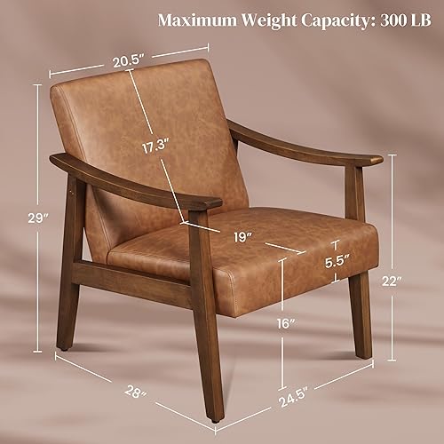 Miniatura 3 de Yaheetech PU Leather Accent Chair, Mid-Century Modern Armchair with Solid Wood Legs, Reading Leisure Chair with High Back for Living Room Bedroom