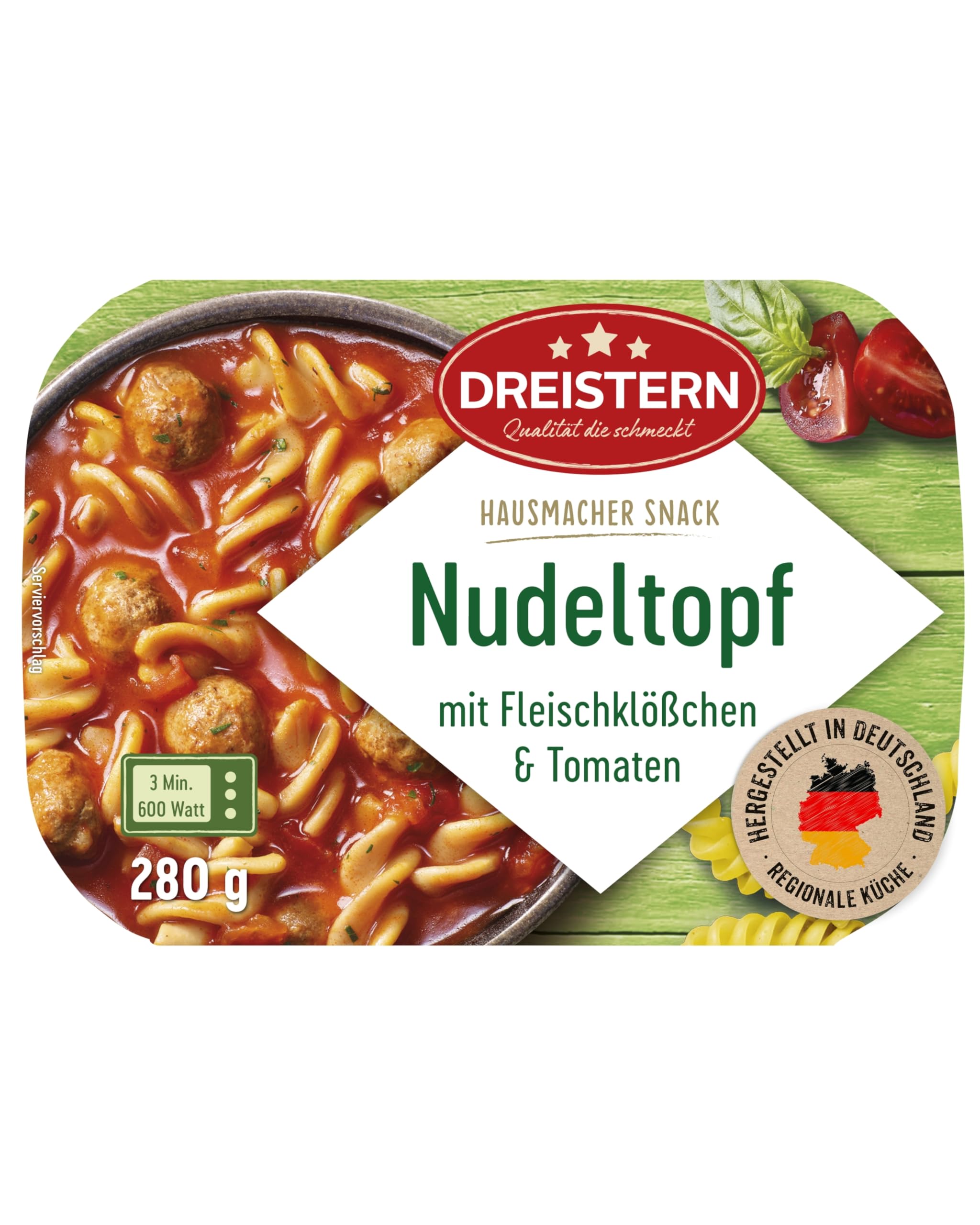 DREISTERN Nudeltopf 280g I Mit Fleischbällchen & Tomaten I Herzhaftes Fertiggericht in Mikrowellenschale I Lange Haltbarkeit dank natürlicher Konservierung I Hausmacher Qualität
