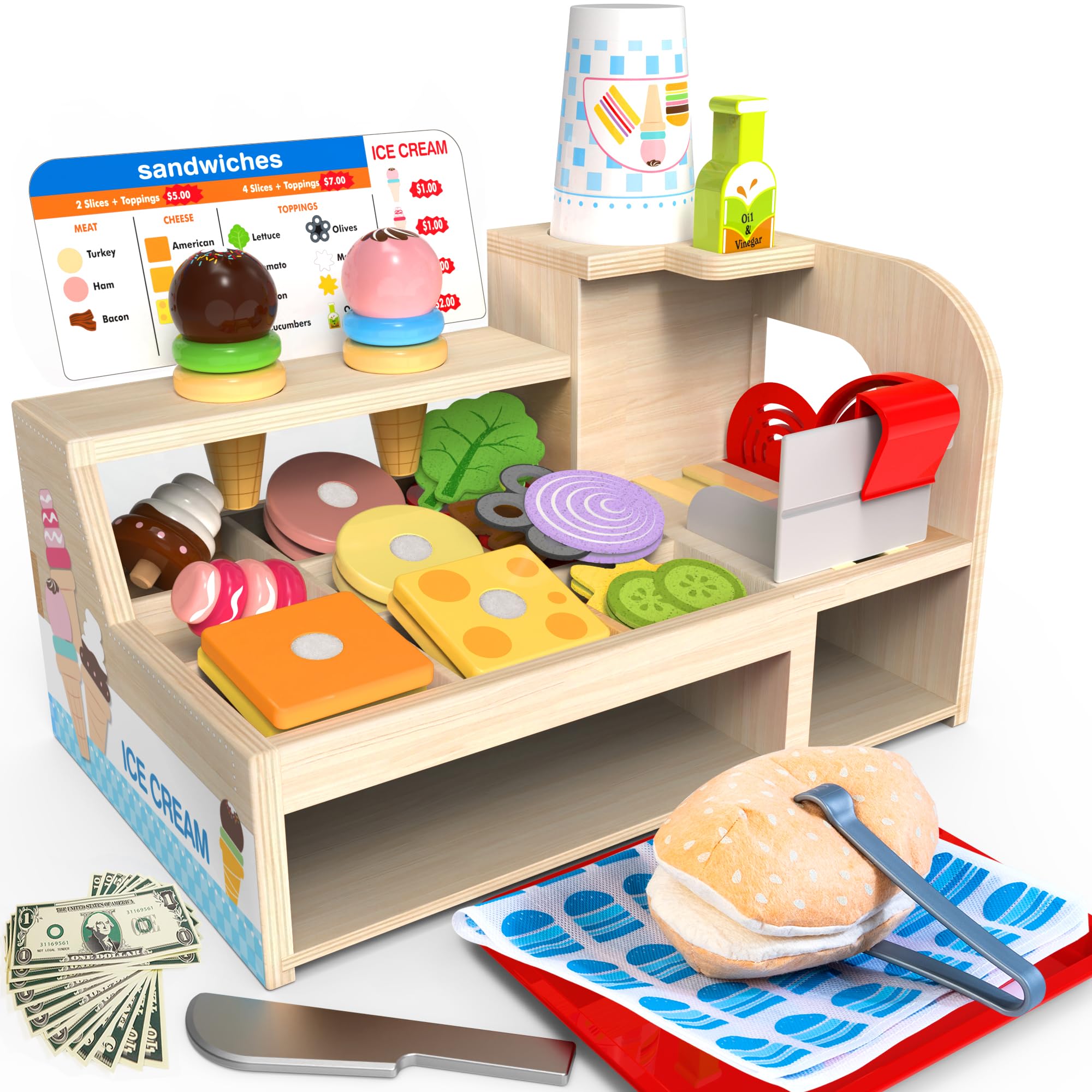 Wooden Slice & Stack Sandwich Counter with Ice Cream Toy for Toddlers, 54-Piece Wooden Play Food Set for Kids, Pretend Food for Play Kitchen, Grocery Store Pretend Play for Boys & Girls Ages 3+