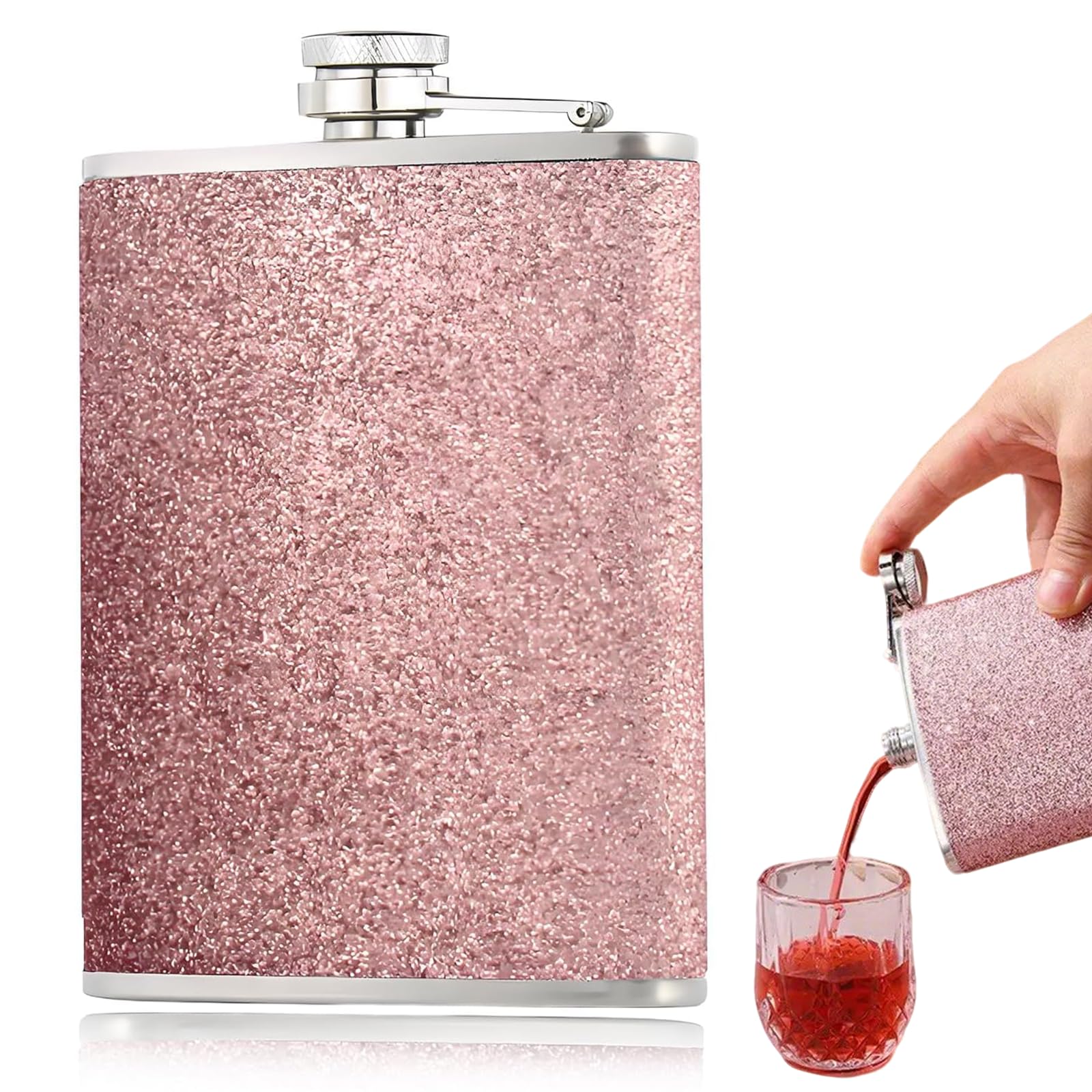 8 Oz Hip Flask, Pink Sparkling Hip Flasks for Women, Portable Stainless Steel Hip Flask, Luxury Pocket Flask Alcohol Flask, Hip Flasks for Men for Drinking Hiking Barbecue Camping Bar Birthday Party