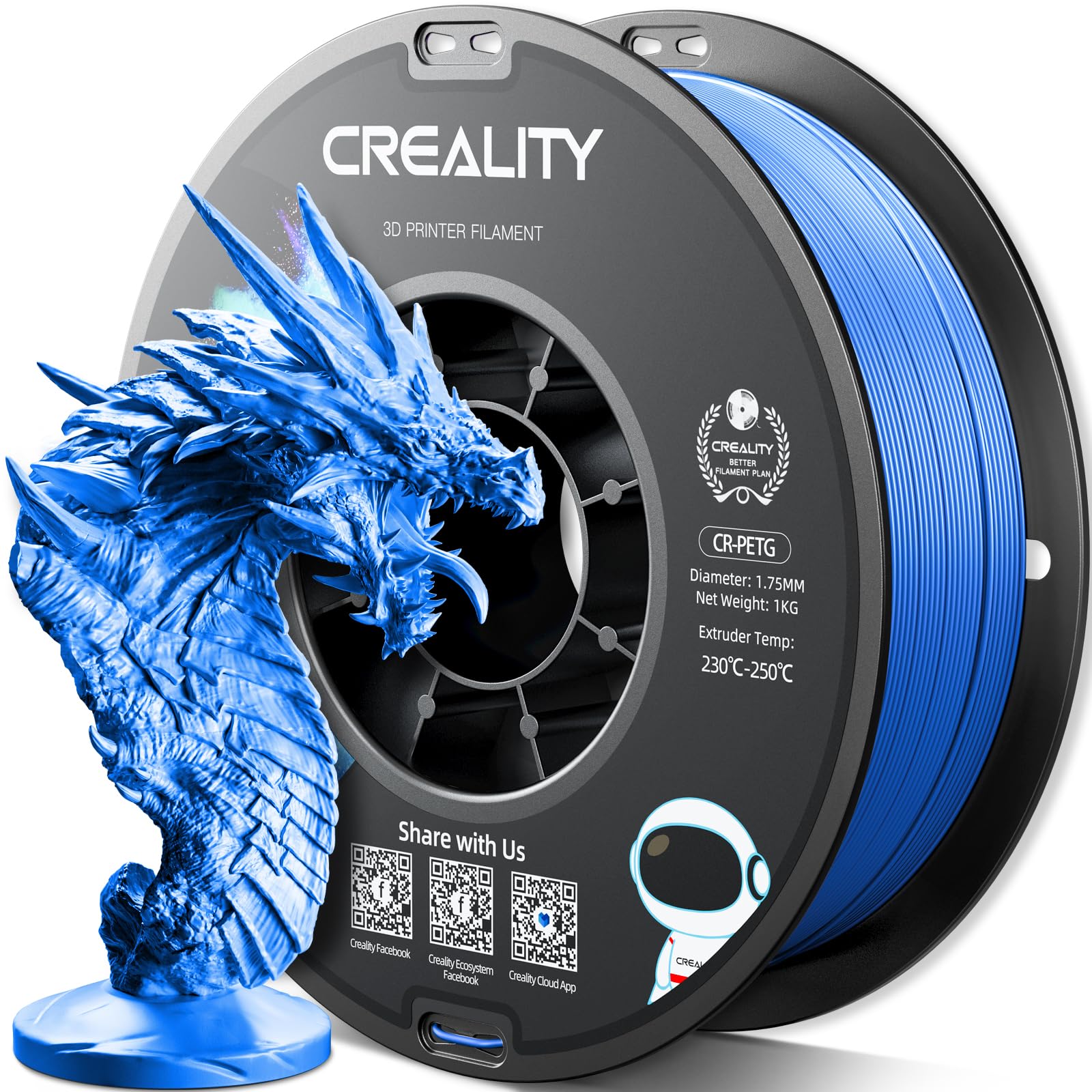 Creality PETG Filament 1.75mm, 3D Printer Filament 1KG(2.2lbs), High Precision, Strong Toughness, Odorless, Better Flow, Dimensional Accuracy +/- 0.02 mm, Moistureproof 3D Printing Filament, Blue