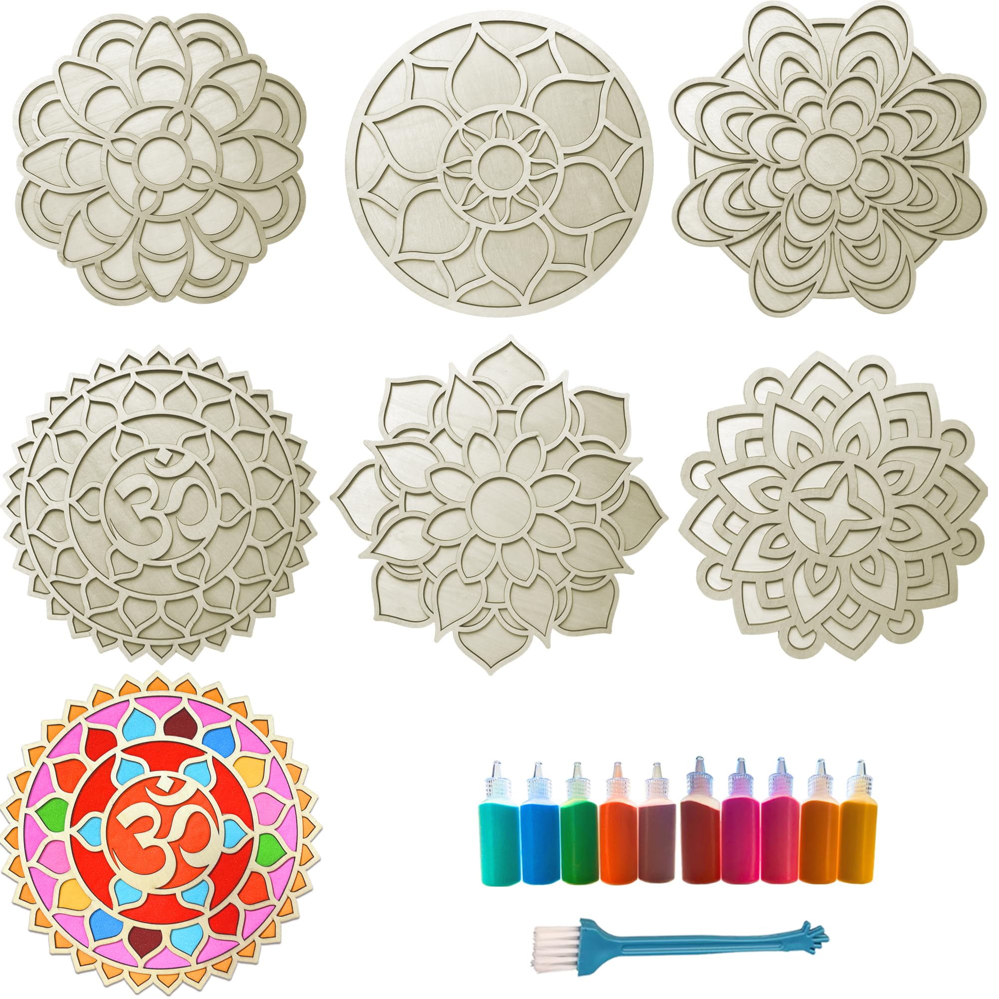 MLOLM 6pcs Wooden Diwali Mandala Sand Art Kits 11.8'' DIY Floral Rangoli Mats for Floor Decoration Mandala Sand Painting10 Rangoli Colors with Brush