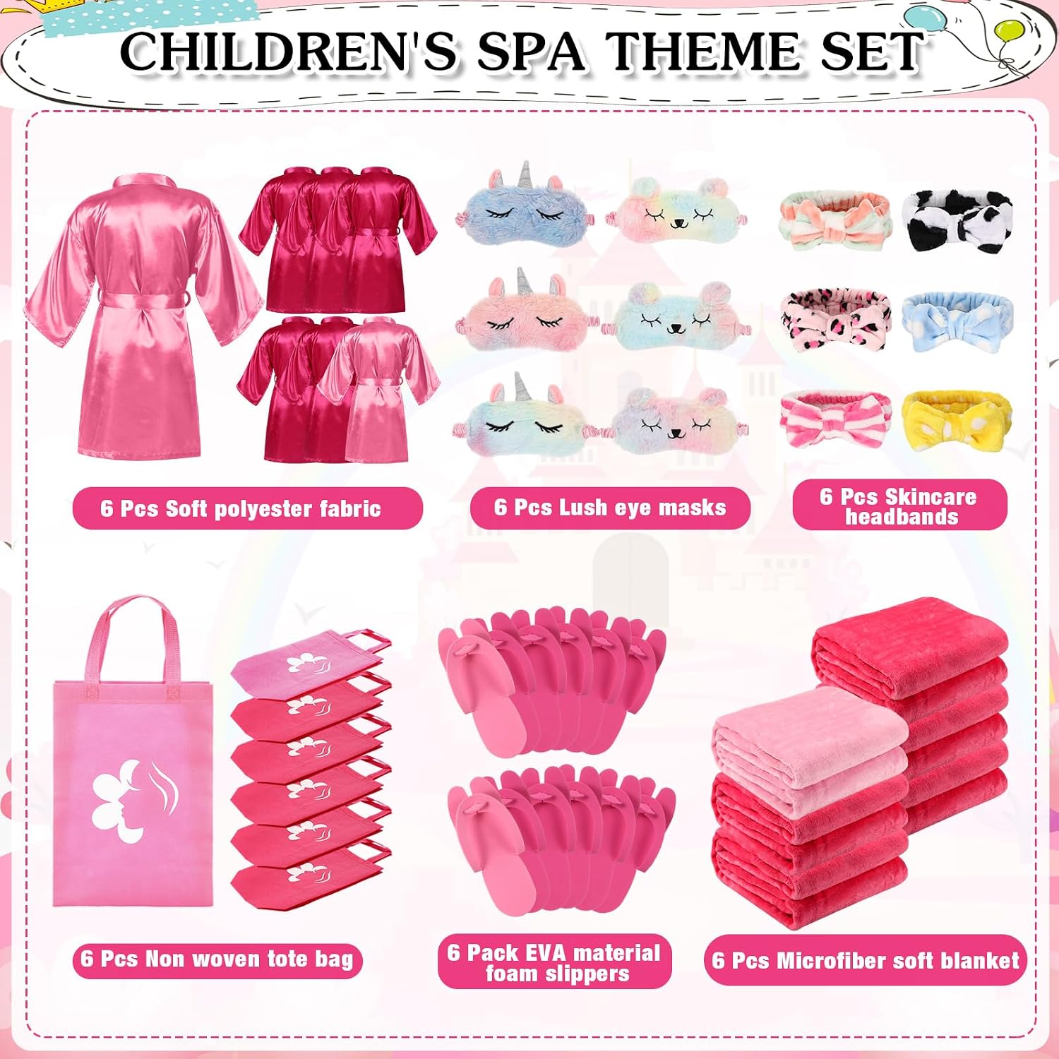 Bonuci 36 Pcs Spa Party Supplies for Girls Birthday 6 Set Sleepover Party Satin Robes 6 Slumber Throw Blankets Kids Kit Pack image 2