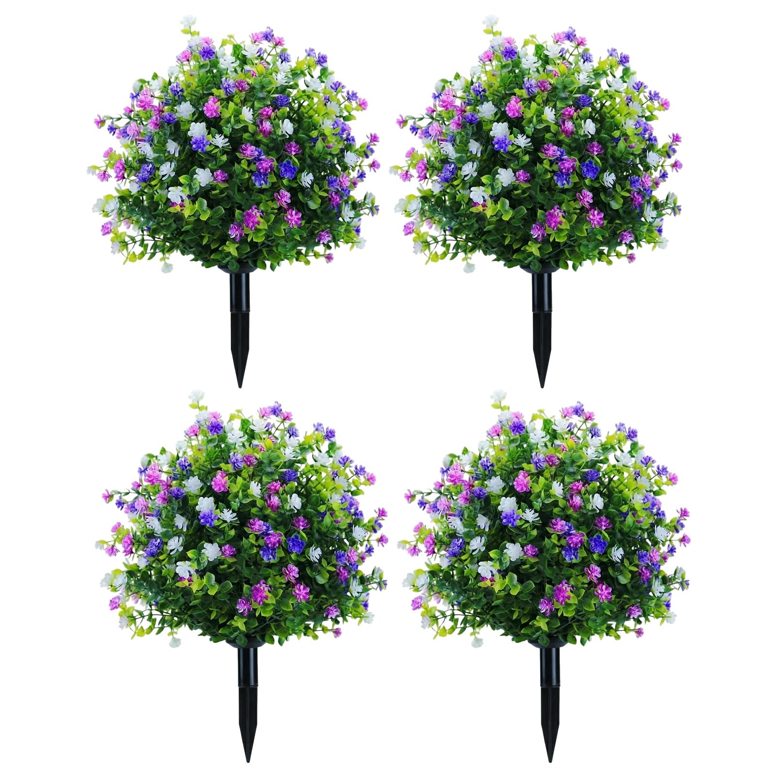 ZhzeYun Artificial Topiary Balls with Ground Spike, 45cm UV Resistant Fake Flower Shrubs, Evergreen Faux Plants with Purple White Flowers, for Outdoor Garden Porch Cemetery Indoor Decor 4pcs