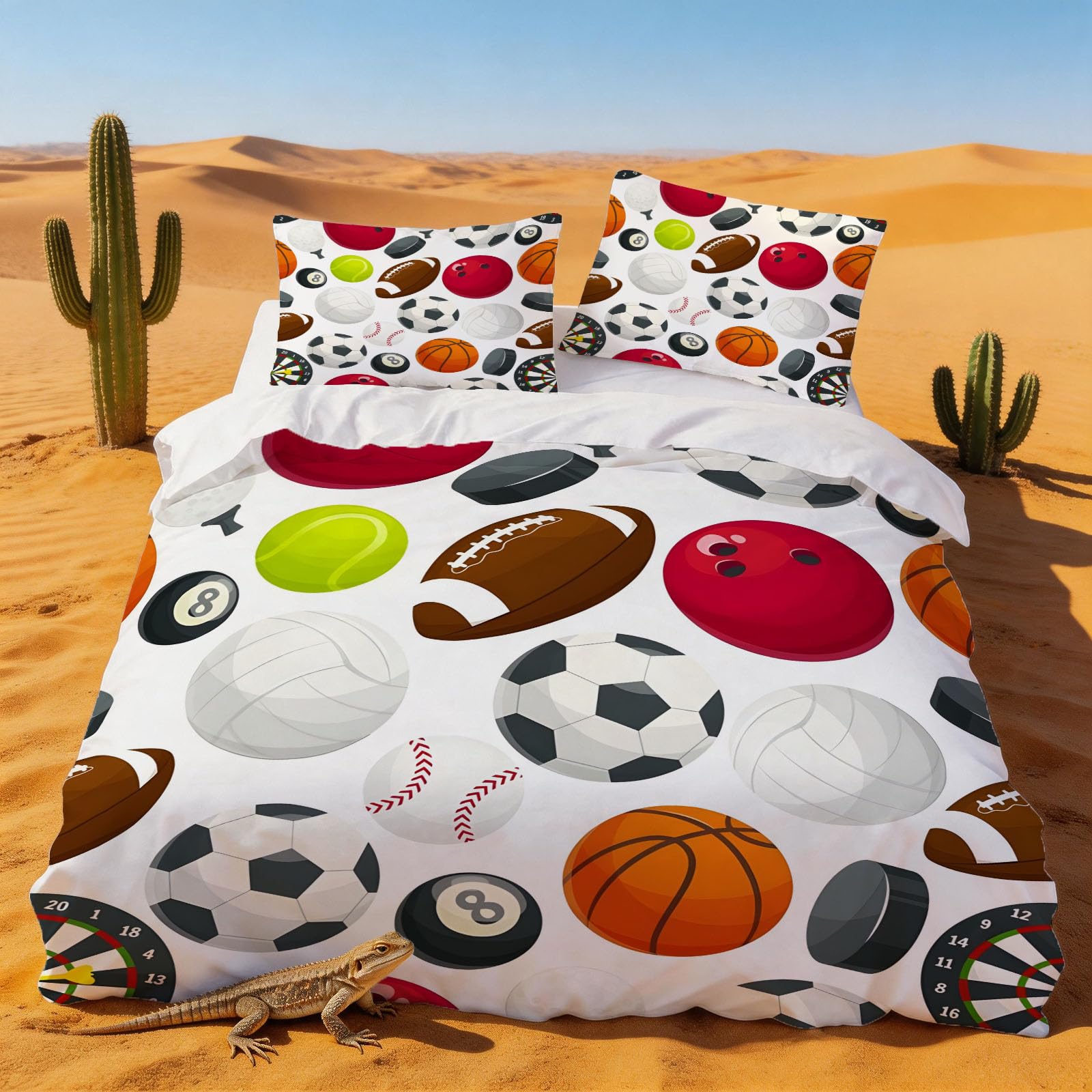 Housse de couette 240x260 football et basket avec taies d'oreiller pour lit 2 personnes