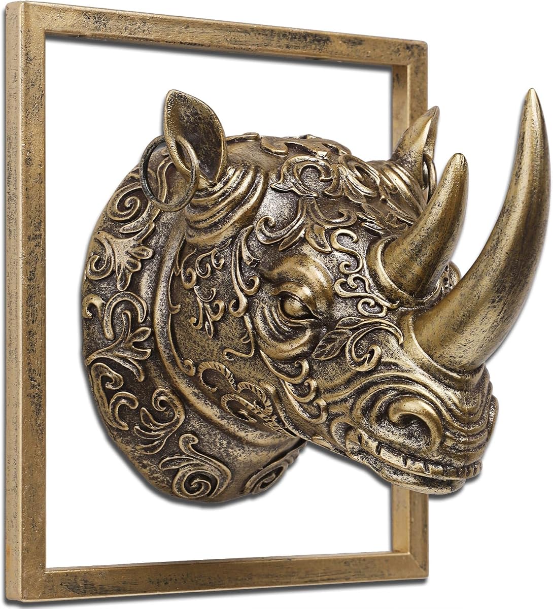 JJALIGHTS Exquisita Escultura de Pared con Cabeza de Animal de Resina (Marco de Metal de Regalo) - Decoración Vintage de Cobre de imitación para Sala de Estar, Dormitorio y Oficina | Arte decorativo para colgar en la pared (rinoceronte)