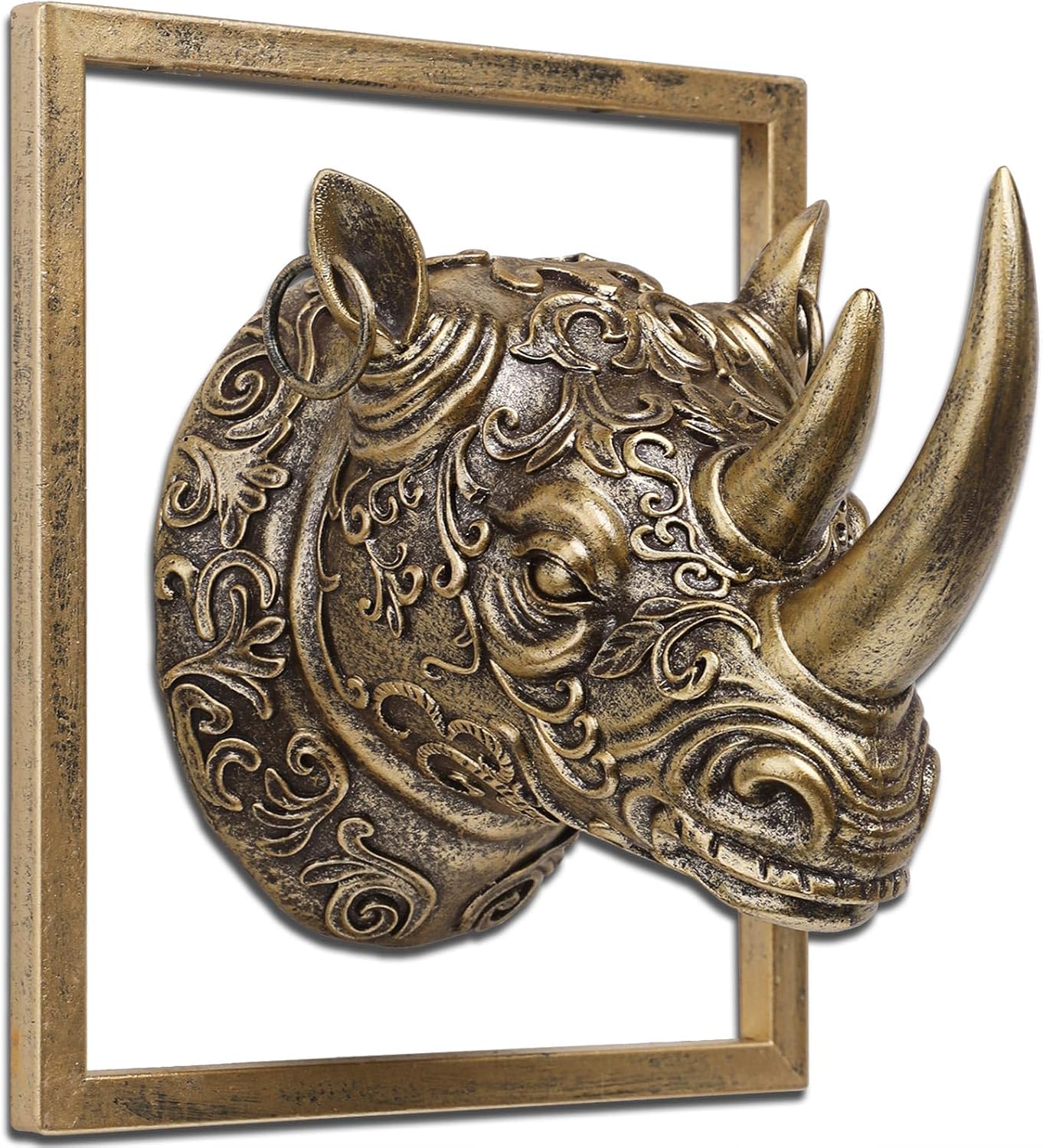 Photo 1 of JJALIGHTS Exquisite Resin Animal Head Wall Sculpture (Gift Metal Frame) - Imitation Copper Vintage Decor for Living Room, Bedroom & Office | Decorative Wall Hanging Art (Rhinoceros)