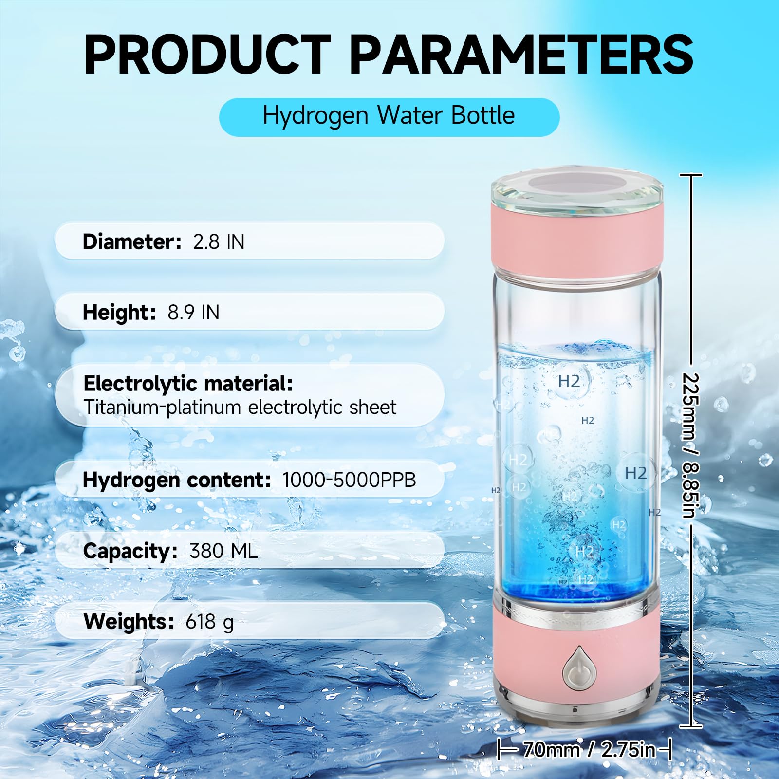 Hydrohealth - Generador de botellas de agua de hidrógeno, portátil y recargable, botella de agua de hidrógeno Hydro Health con tecnología SPE Pem, ionizador de agua, 3 minutos 4100 PPB de