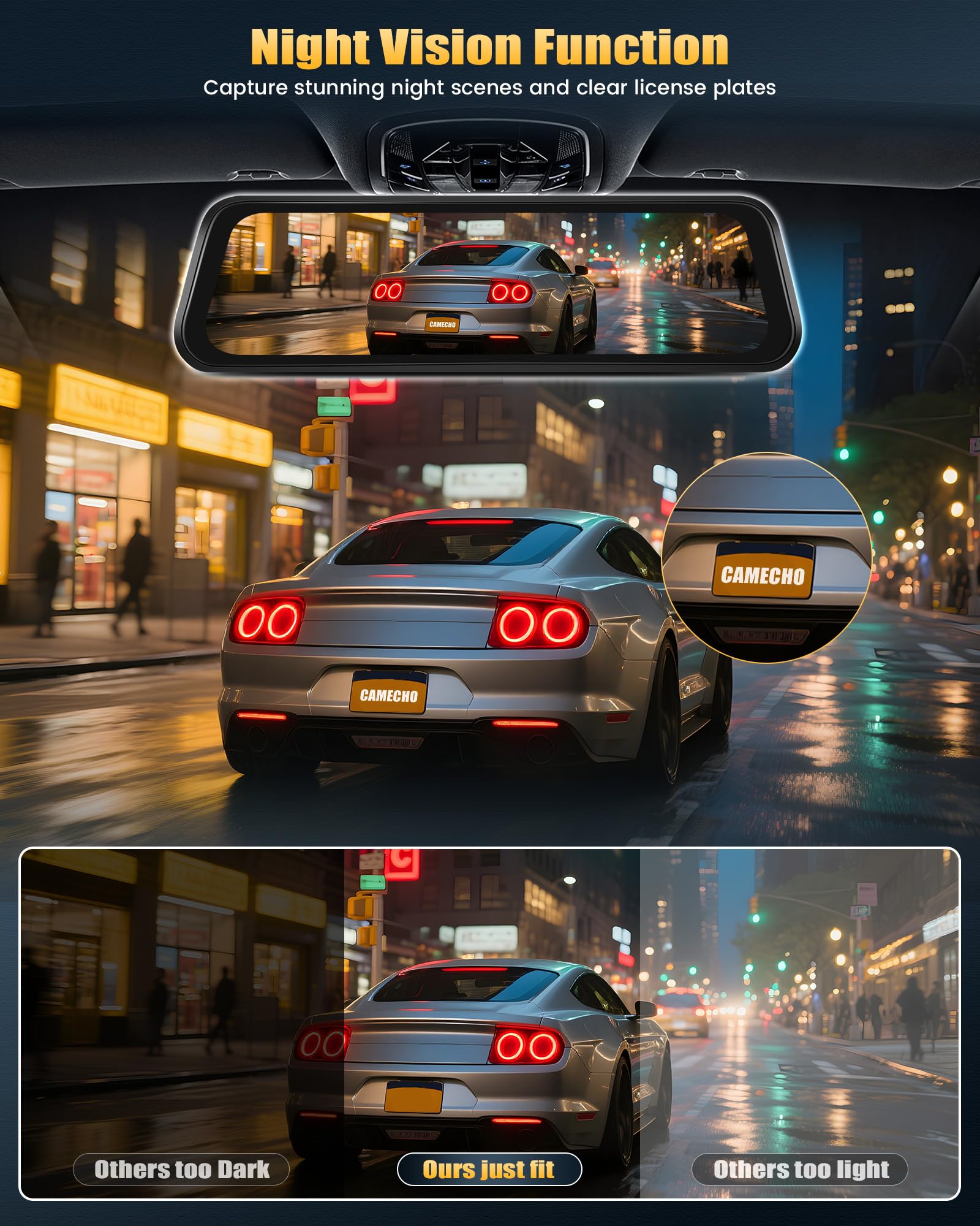 CAMECHO 9.66'' 1080P Écran Tactile Dashcam Retroviseur Voiture, Double Dash Cam Avant et arrière, Vision Nocturne Camera Embarquée Voiture avec Détection de Mouvement, Compensation d'exposition
