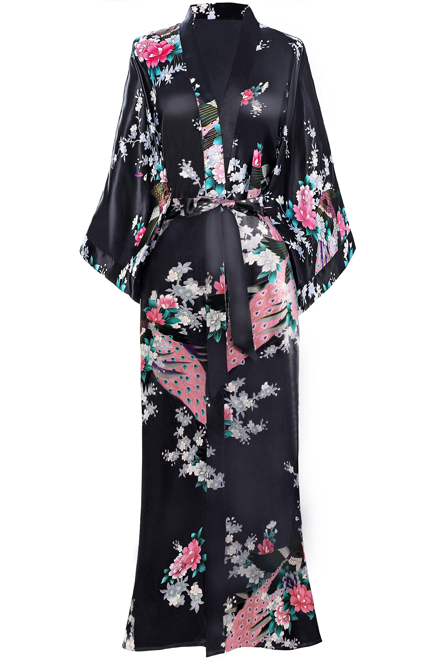 BABEYOND Vestido Kimono Pijama de Seda Novia Kimono de Seda Ropa de dormir de Satén Estampado Pavo Real
