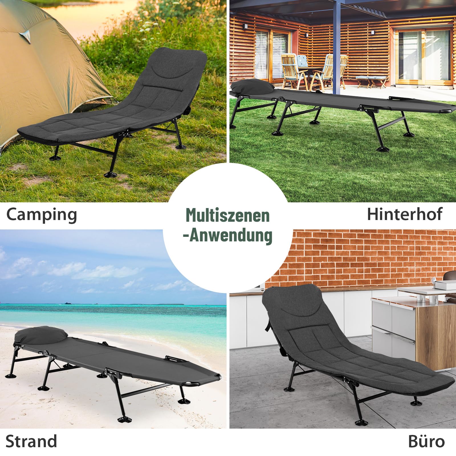 GOPLUS Karpfenliege, Angelliege bis 200kg belastbar, Campingliege Campingbett klappbar mit 6-Fach Verstellbarer rückenlehne & großen Schlammfüßen, Feldbett Klappbett für Angeln Camping