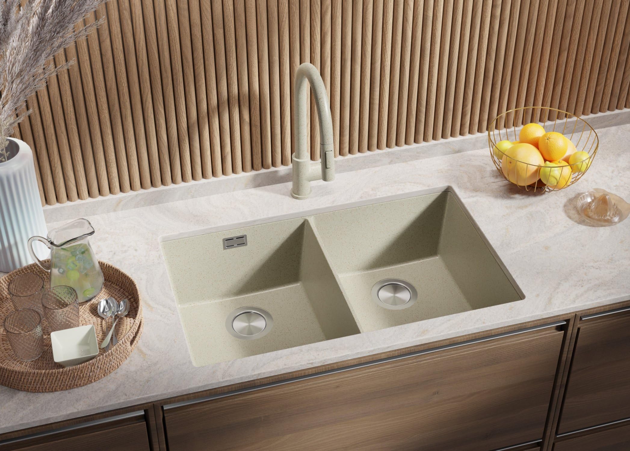 PRIMAGRAN Fregadero bajo Encimera Todo Beige 76x47cm, Cocina 2 Senos + Sifón, Granito al Mueble 80cm - London Twin S010