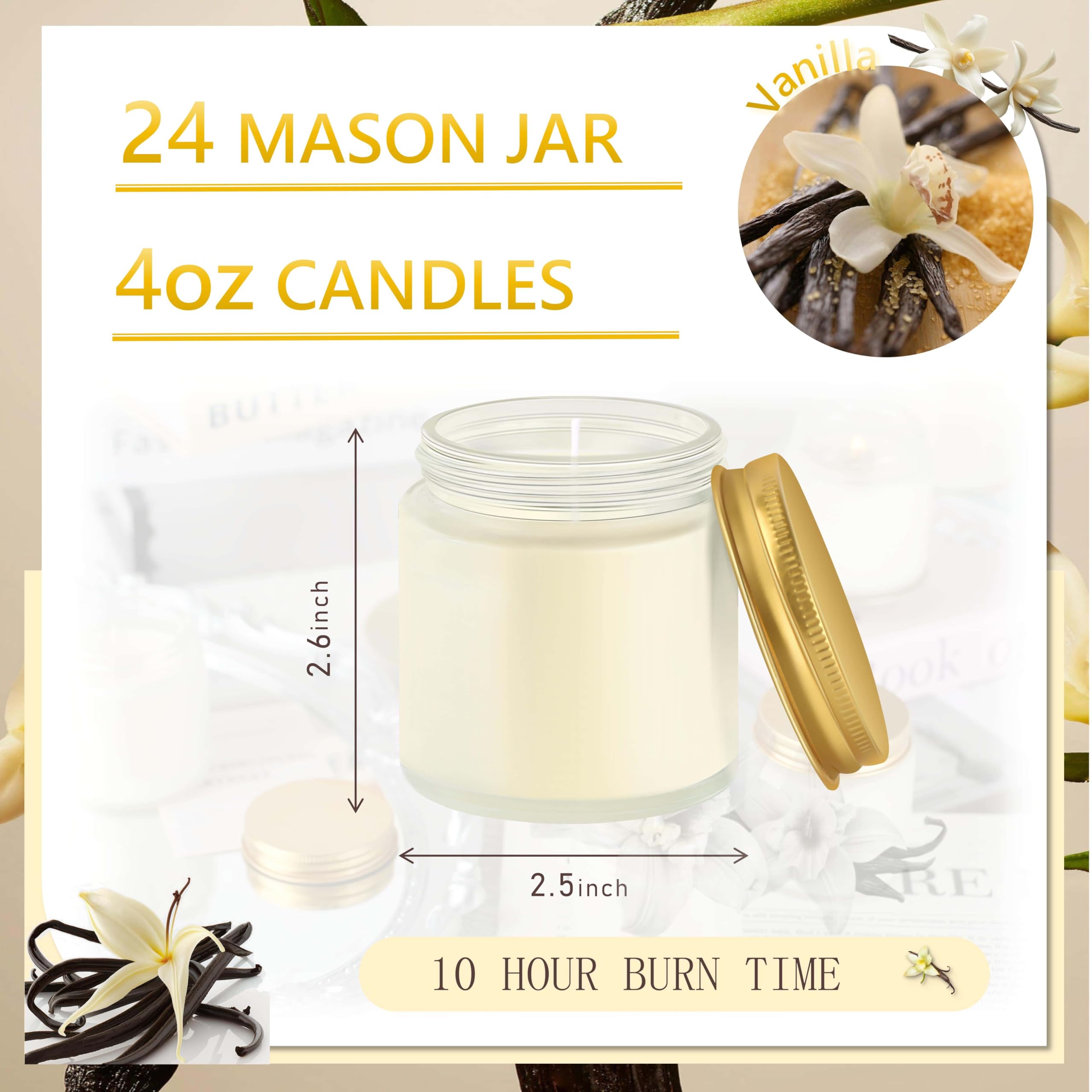 Einmachglas-Kerzen, Vanilleduft, Soja-Kerzen, Großpackung für Stressabbau und Entspannung, tolles Gastgeschenk für Hochzeit, Weihnachten, Einweihungsgeschenk (Gold, Milchglas, Vanille, 24 Stück