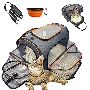 Cat Carrier, 3 Sides Expandable Foldable Pet Carrier for Cat Dog, Breathable TSA Airline Approved Soft-Sided Dog Carrier Pet Travel Carrier Bag with Fleece Pad and Foldable Bowl