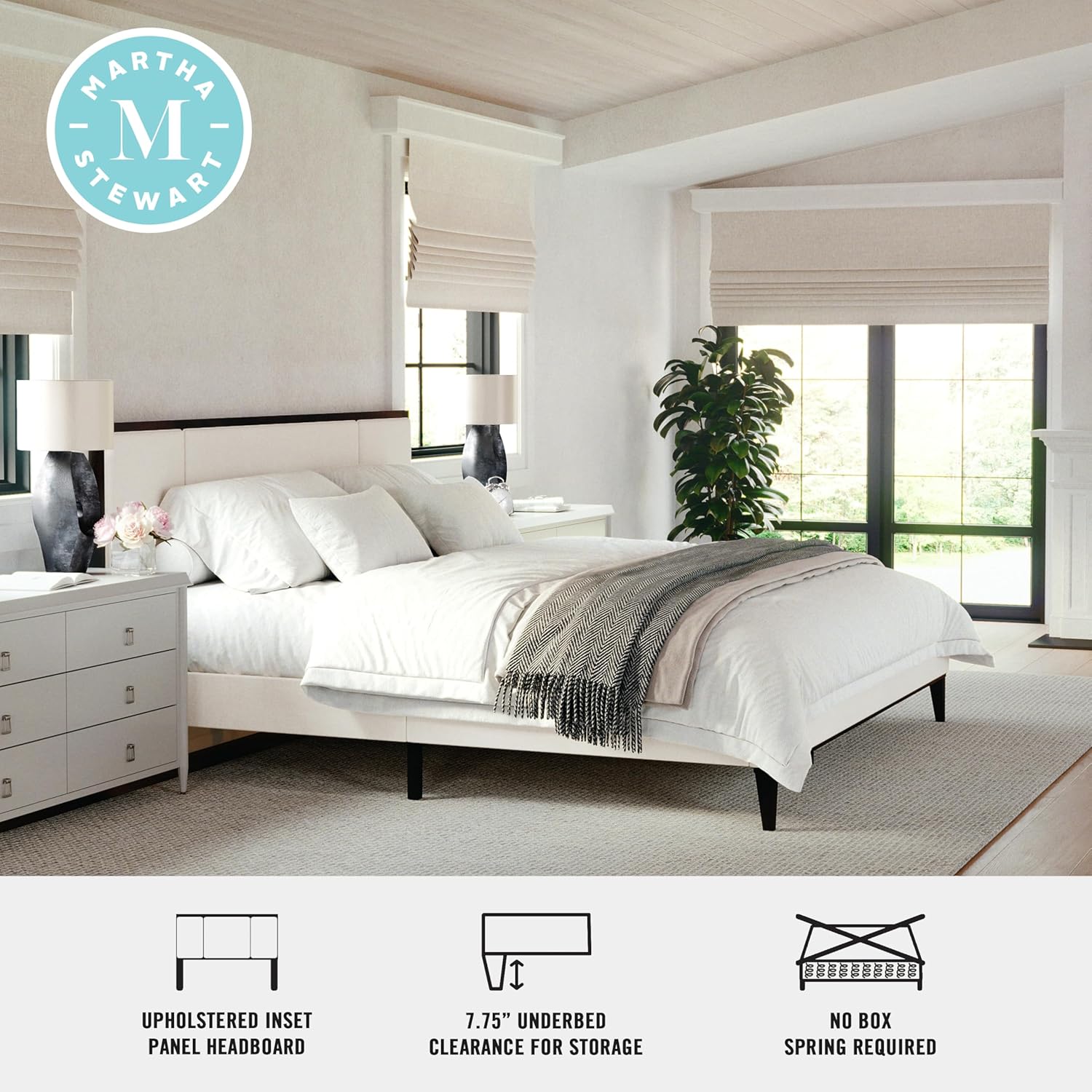 Martha Stewart Jett Platform Bed with Headboard, Fabric Upholstered Inset Headboard and Base, Solid Wood Frame, No Box Spring Needed, King, Dark Brown/Beige