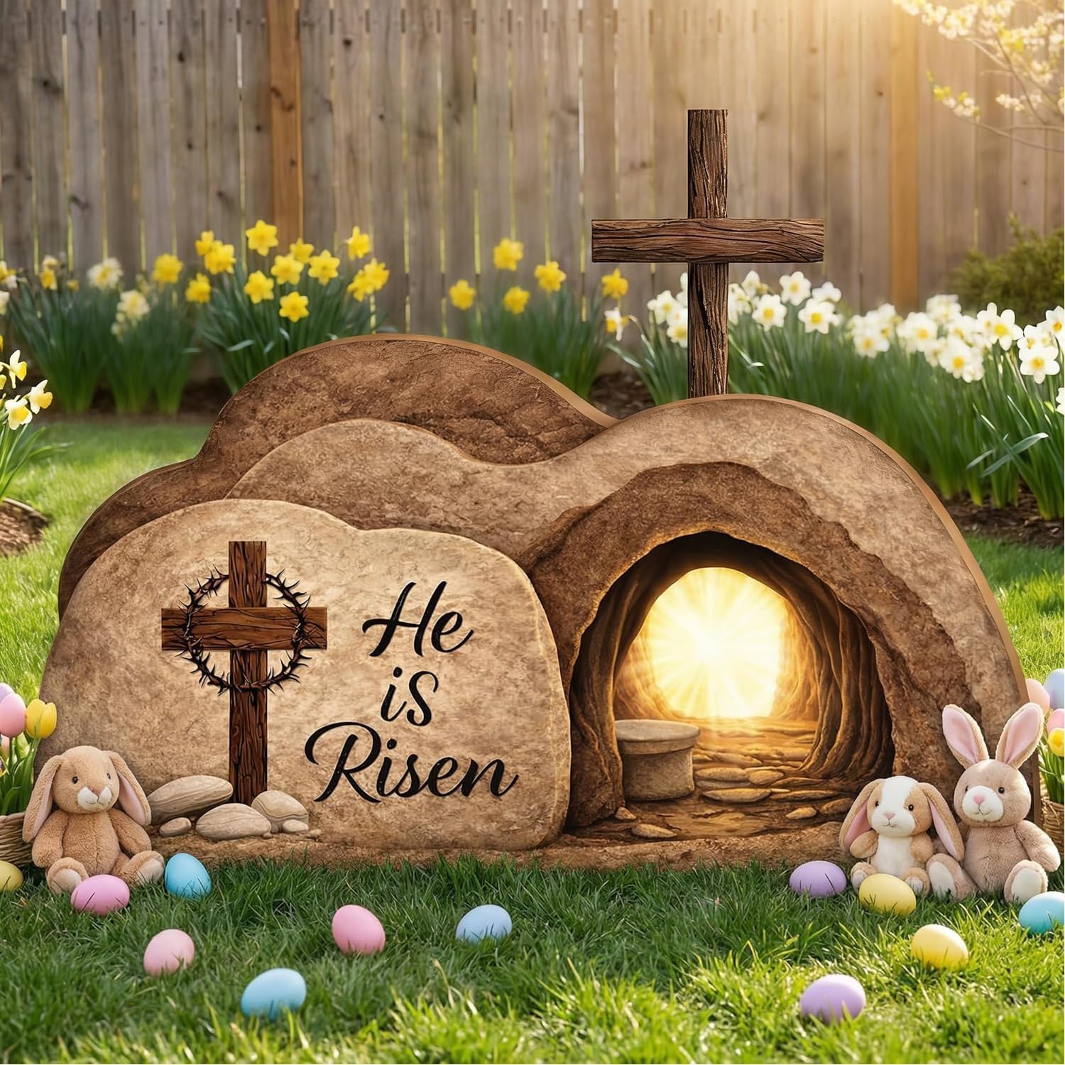 48'' x 25'' Stand-Up He is Risen Cardboard Cutout for Easter Gathering Church Stage Background Photo Prop, Easter Empty Tomb Cardboard Display, Religious Resurrection Cardboard Decoration