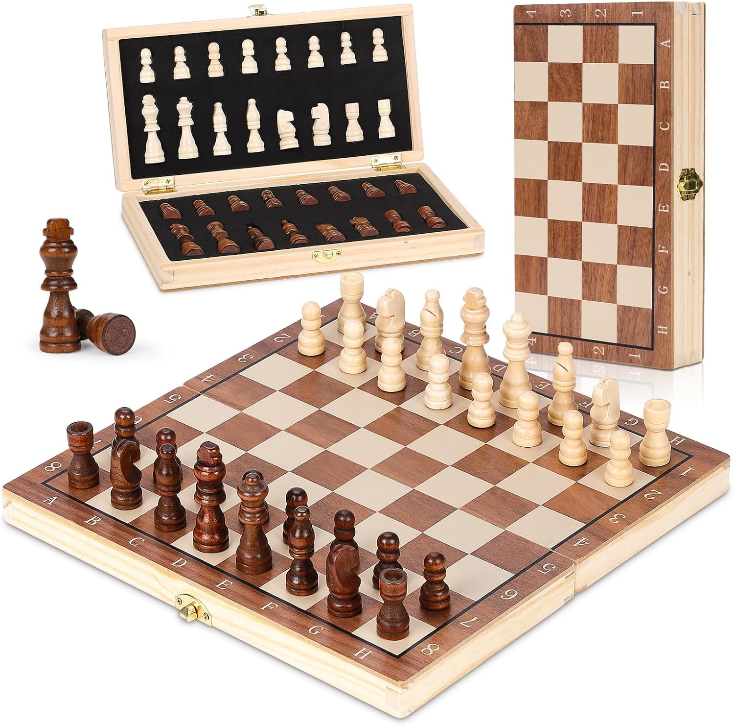 AMERTEER Wooden Chess Set | 15.4 Inches Magnetic Chess Set | Travel Chess Set For Adults And Kids Portable Folding Board Game Set With Handmade Felted Chess Pieces - Felt Interior - Piece Holders