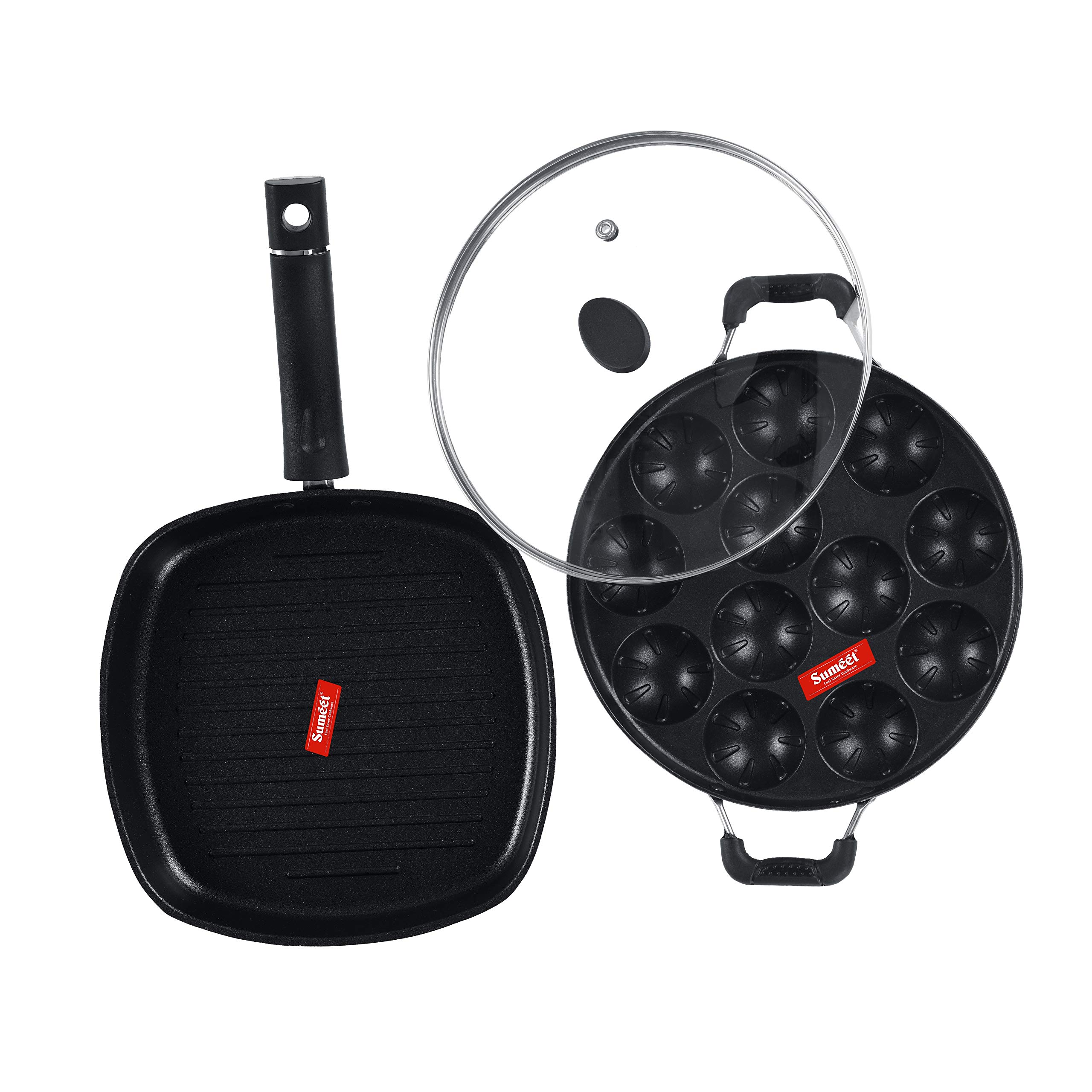 Sumeet NonStick Cookware Set (Appam Patra with Glass Lid - 12 Cavity Grill Pan-22cm Dia) - Image 6 thumbnail