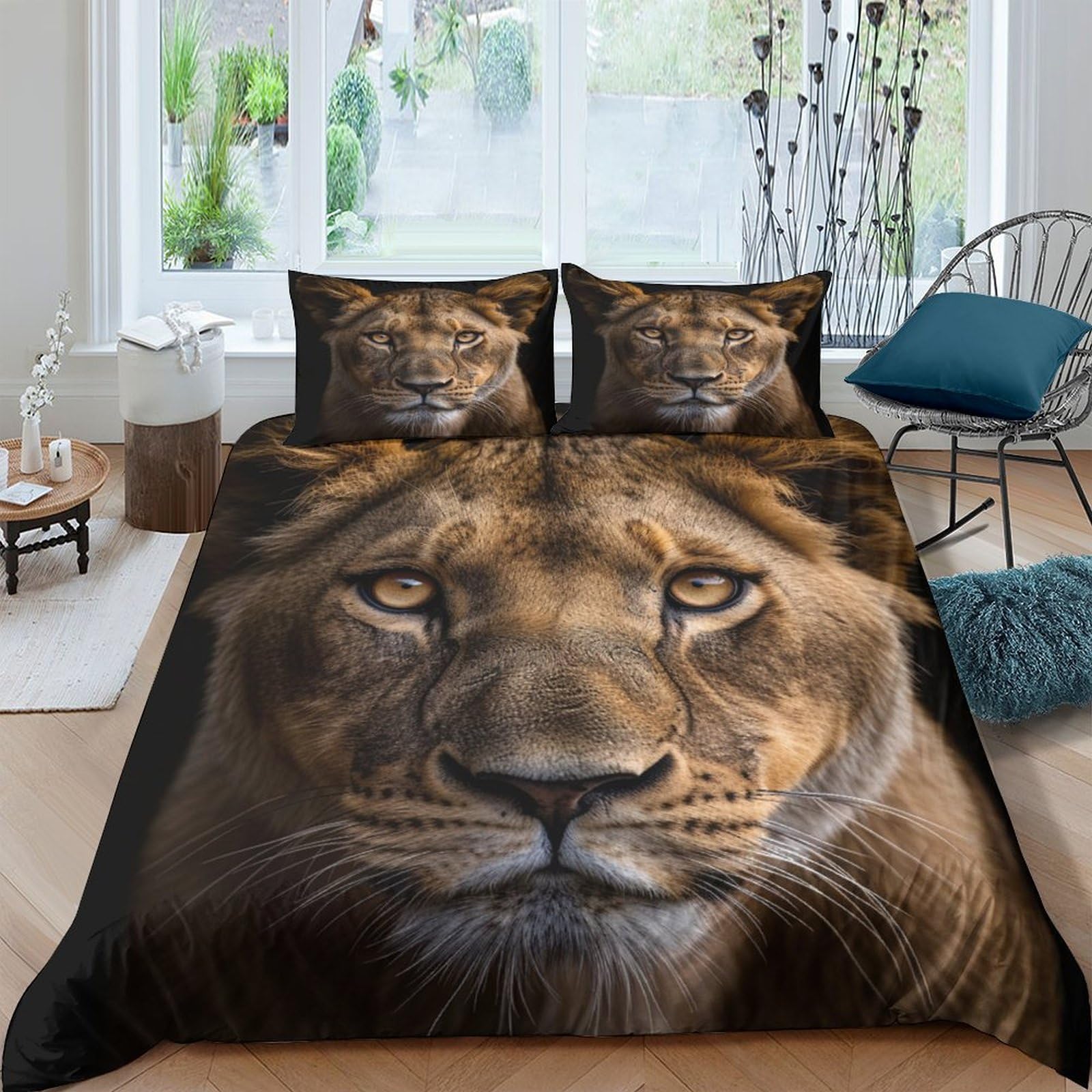 3D Printed Lion Face Duvet Cover Set Microfiber Soft Breathable Animal Pattern Bedding Set with 2 Pillowcases for Bedroom Decor Single（135x200cm）