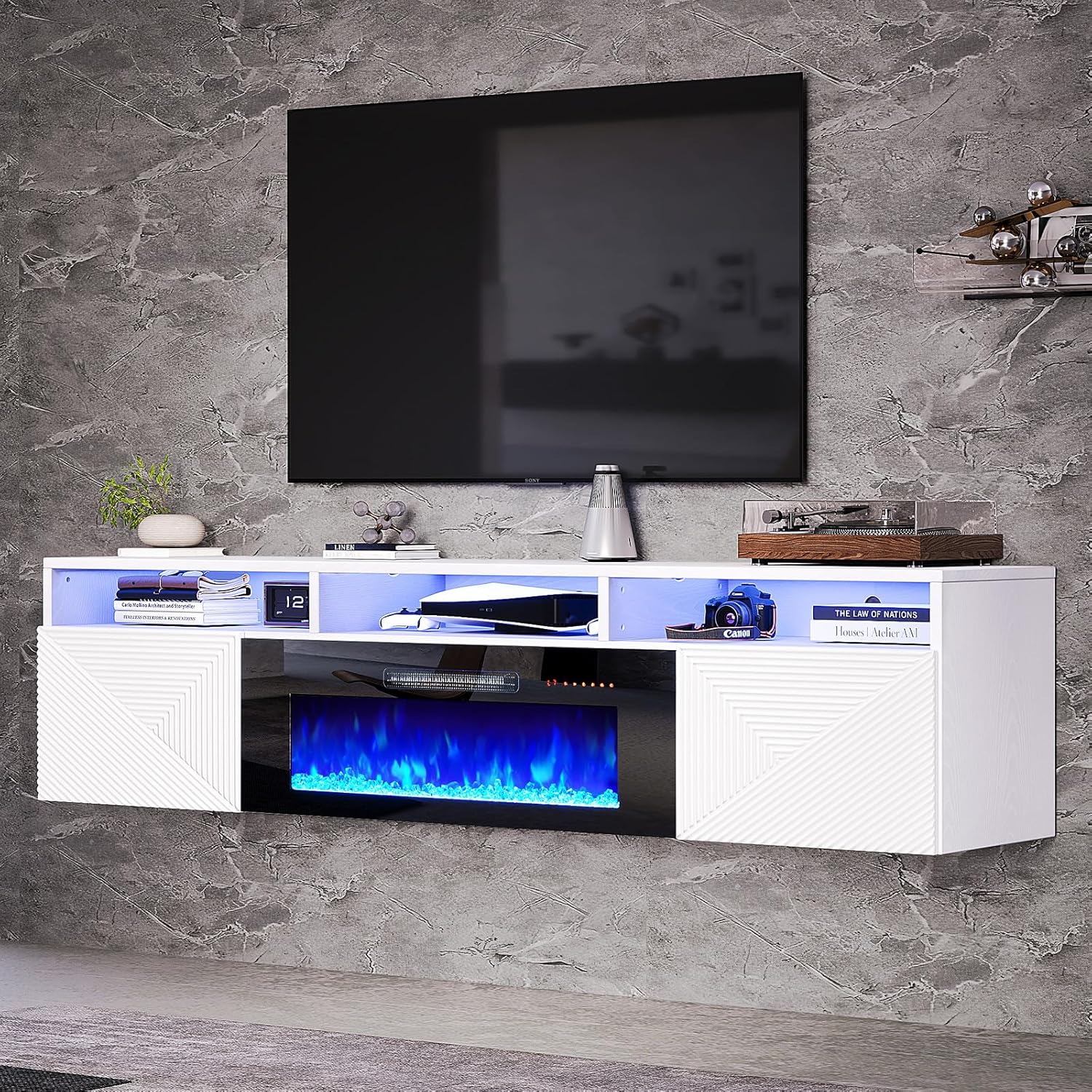 AMERLIFE 70in Floating Fireplace TV Stand with 36" Electric Fireplace and LED Lights, Wall Mounted Entertainment Center with Storage, Modern Media Console for TVs Up to 90", White/Black
